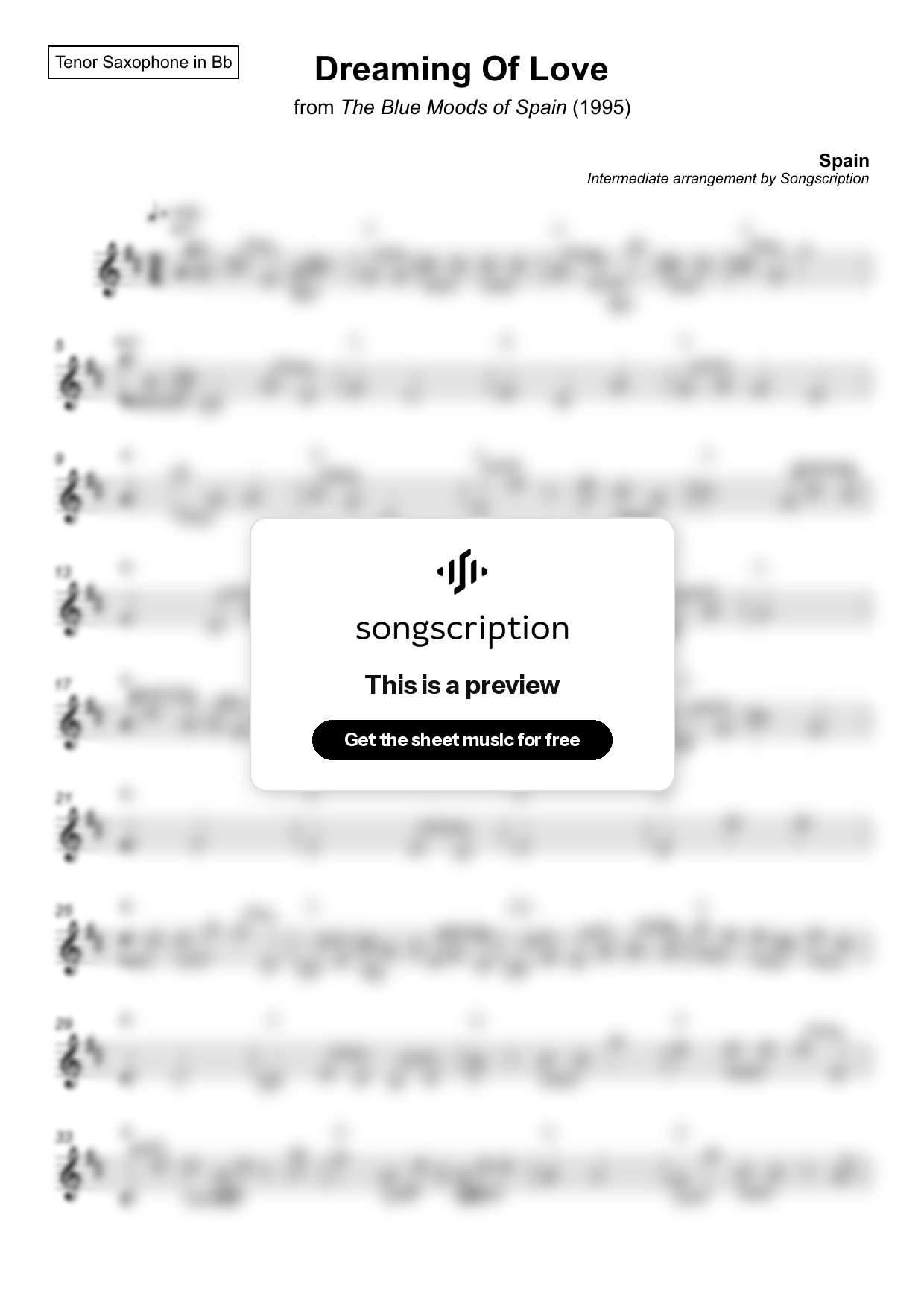 Intermediate Tenor Sax Sheet Music for "Dreaming Of Love" by Spain