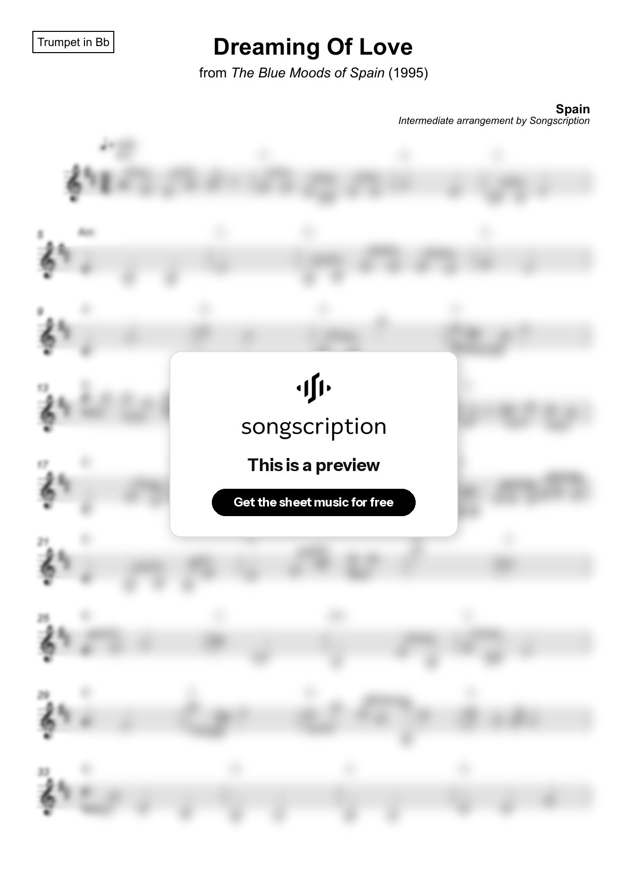 Intermediate Trumpet Sheet Music for "Dreaming Of Love" by Spain