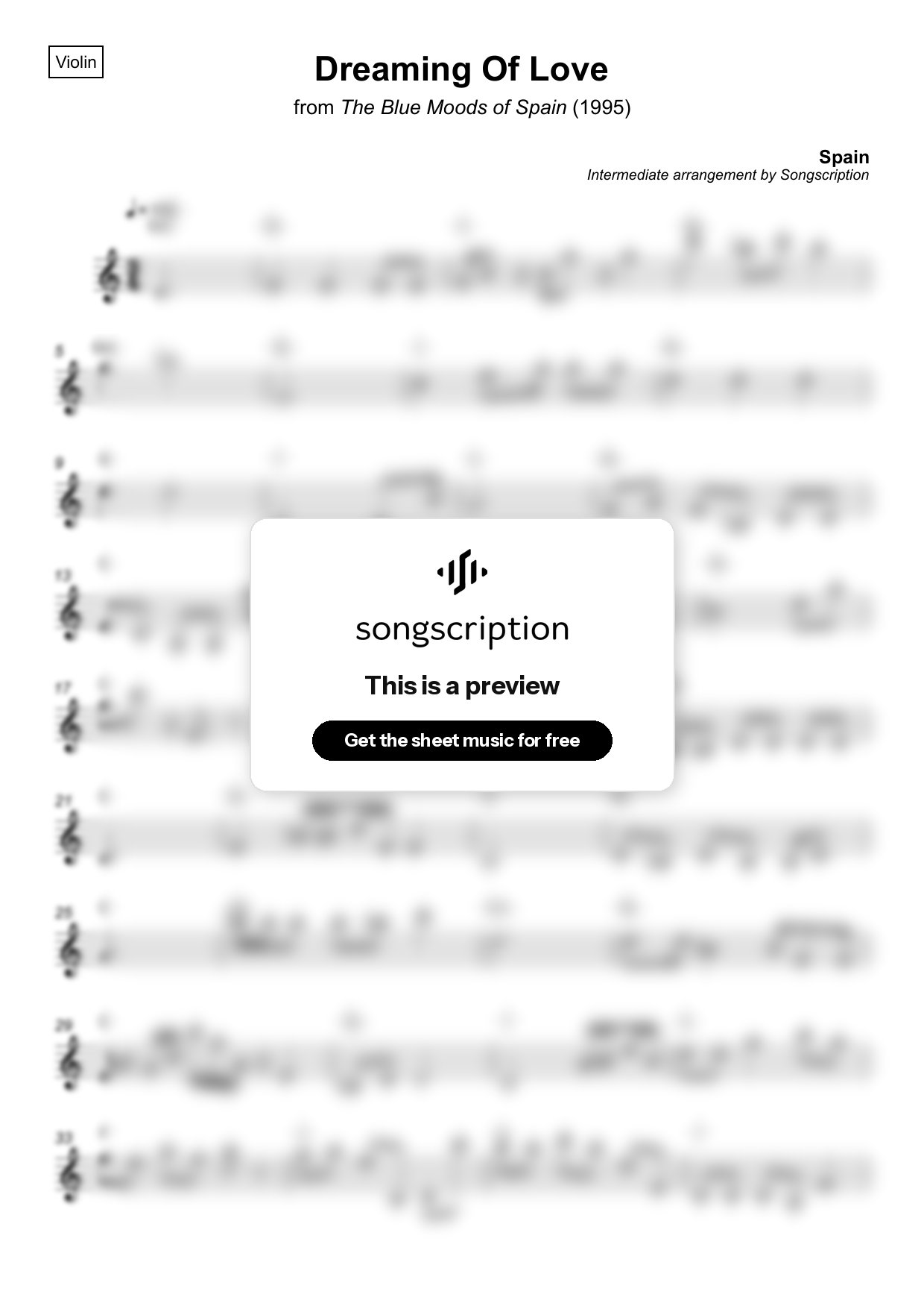 Intermediate Violin Sheet Music for "Dreaming Of Love" by Spain