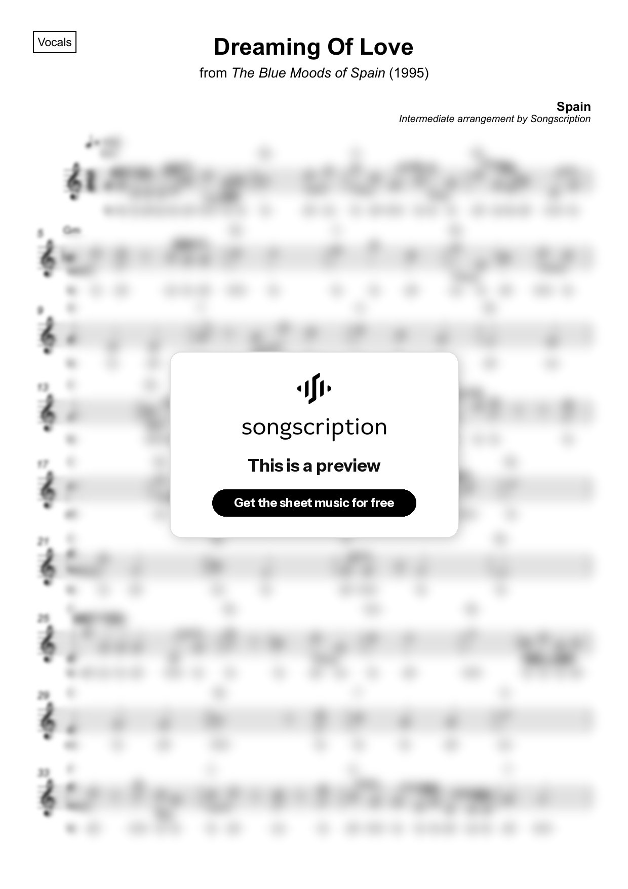Intermediate Vocals Sheet Music for "Dreaming Of Love" by Spain