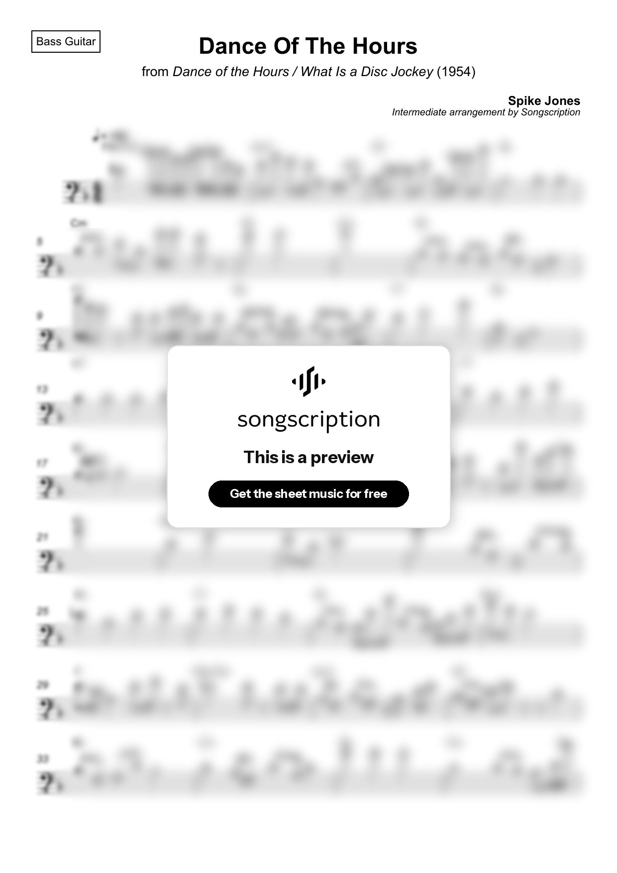 Intermediate Bass Guitar Sheet Music for "Dance Of The Hours" by Spike Jones