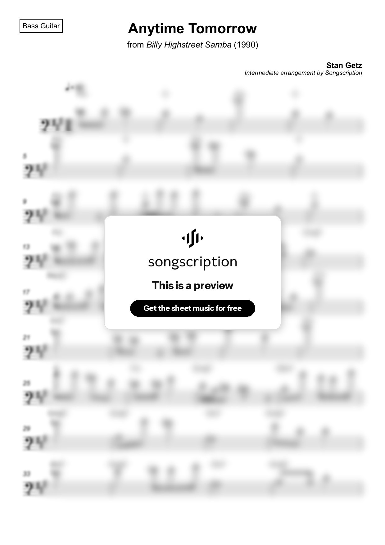 Intermediate Bass Guitar Sheet Music for "Anytime Tomorrow" by Stan Getz