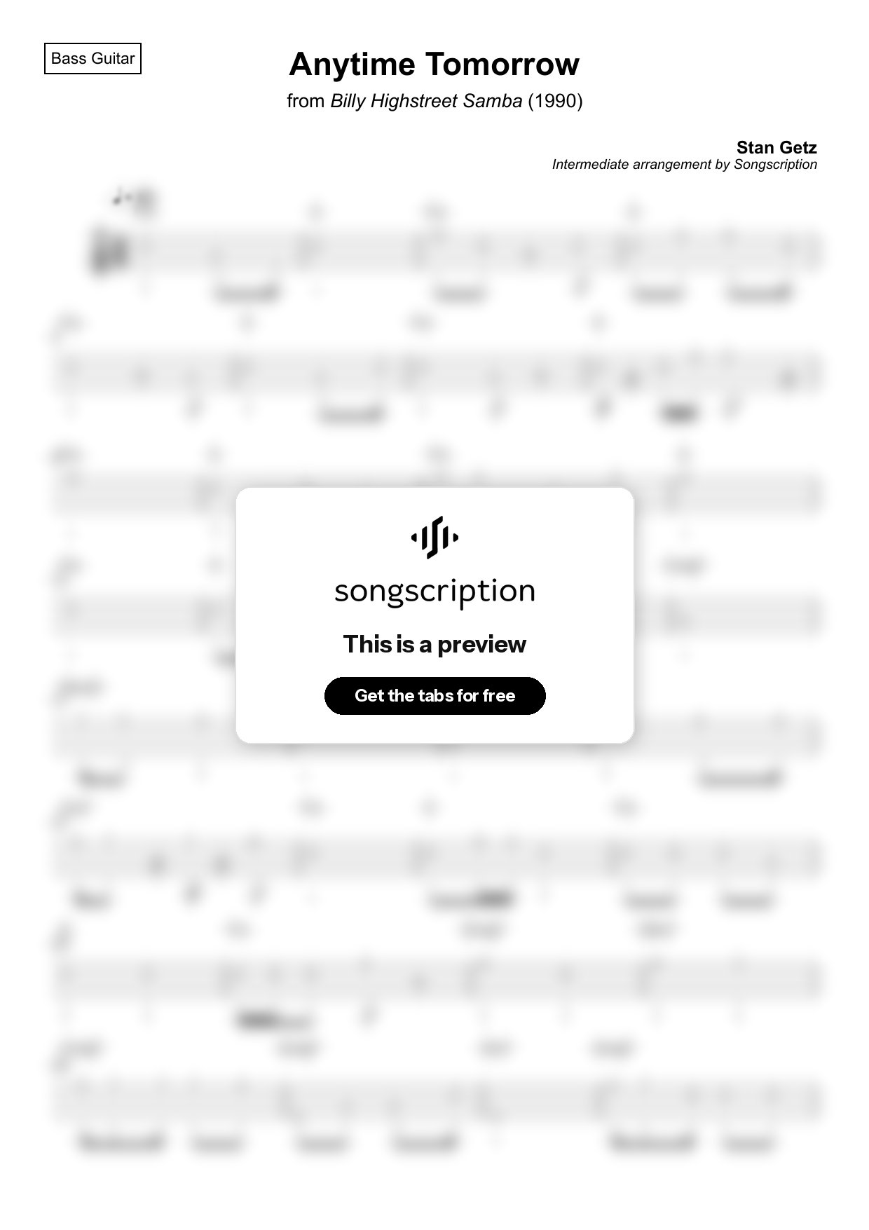 Intermediate Bass Guitar Tabs for "Anytime Tomorrow" by Stan Getz