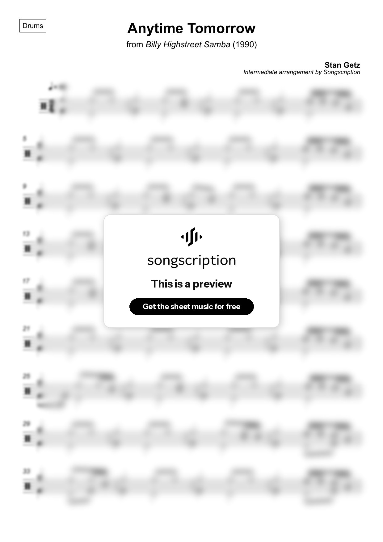 Intermediate Drums Sheet Music for "Anytime Tomorrow" by Stan Getz
