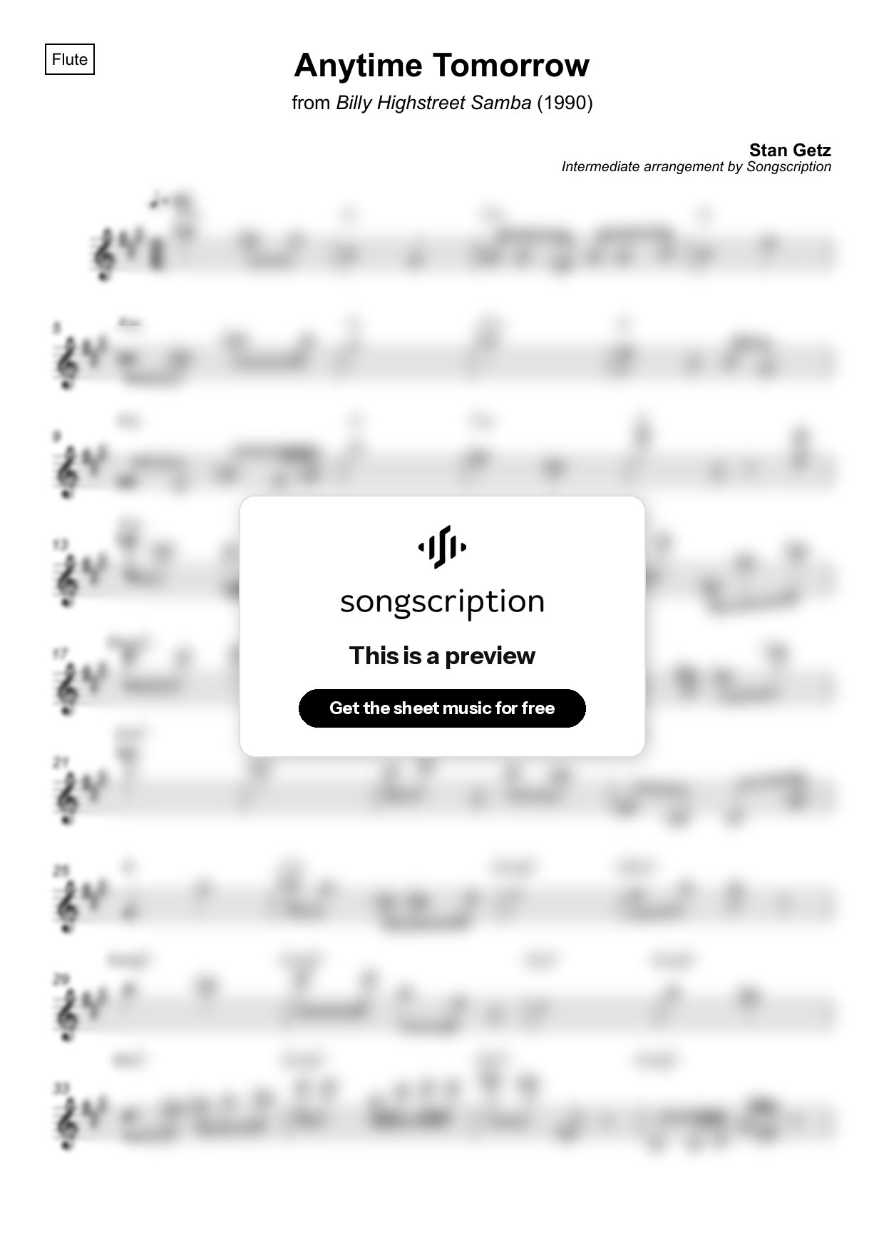Intermediate Flute Sheet Music for "Anytime Tomorrow" by Stan Getz