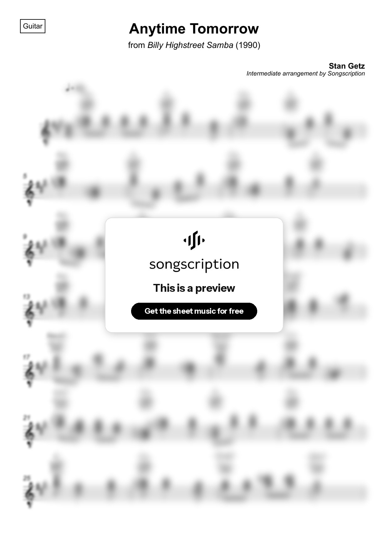 Intermediate Acoustic Guitar Sheet Music for "Anytime Tomorrow" by Stan Getz