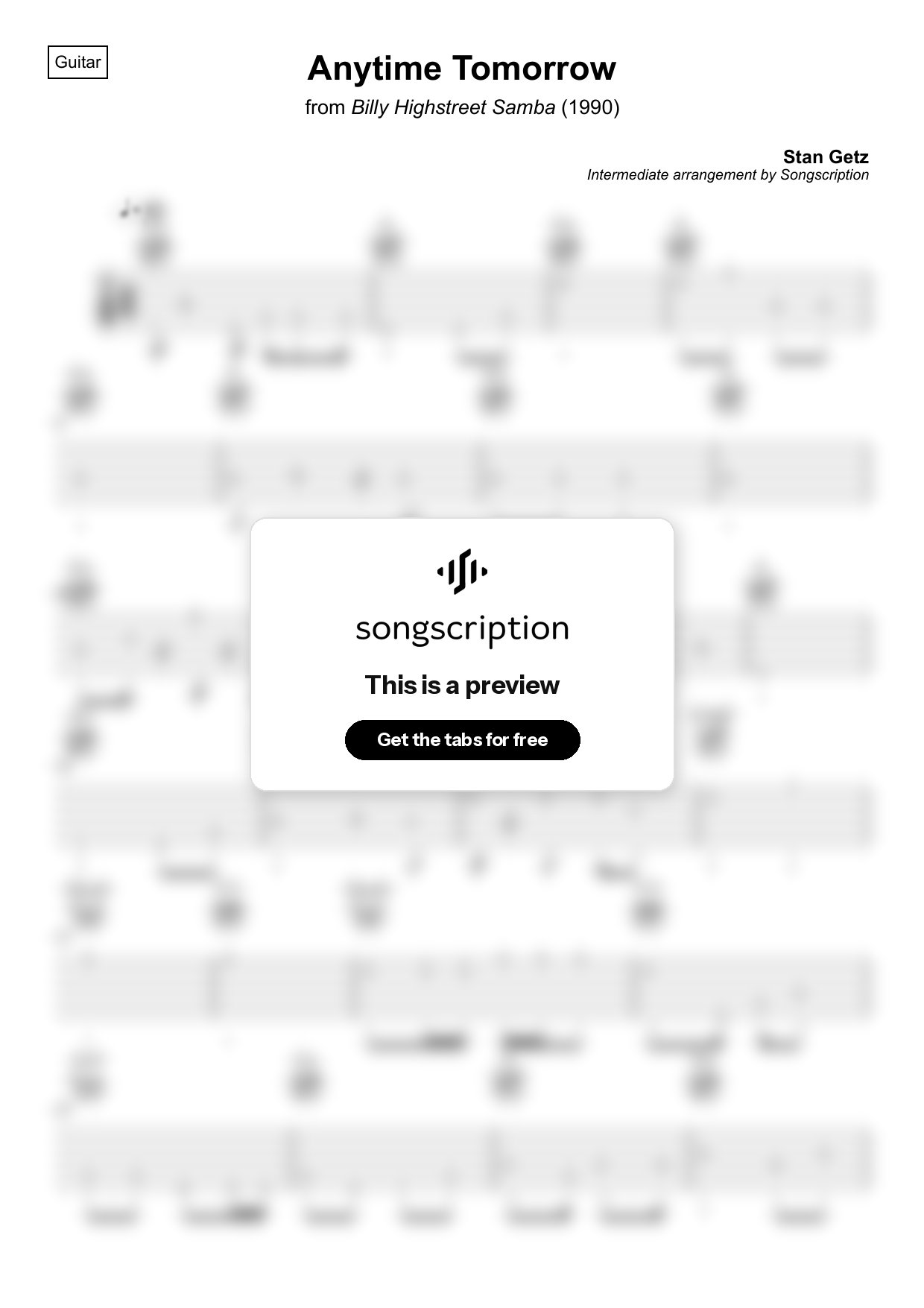 Intermediate Acoustic Guitar Tabs for "Anytime Tomorrow" by Stan Getz
