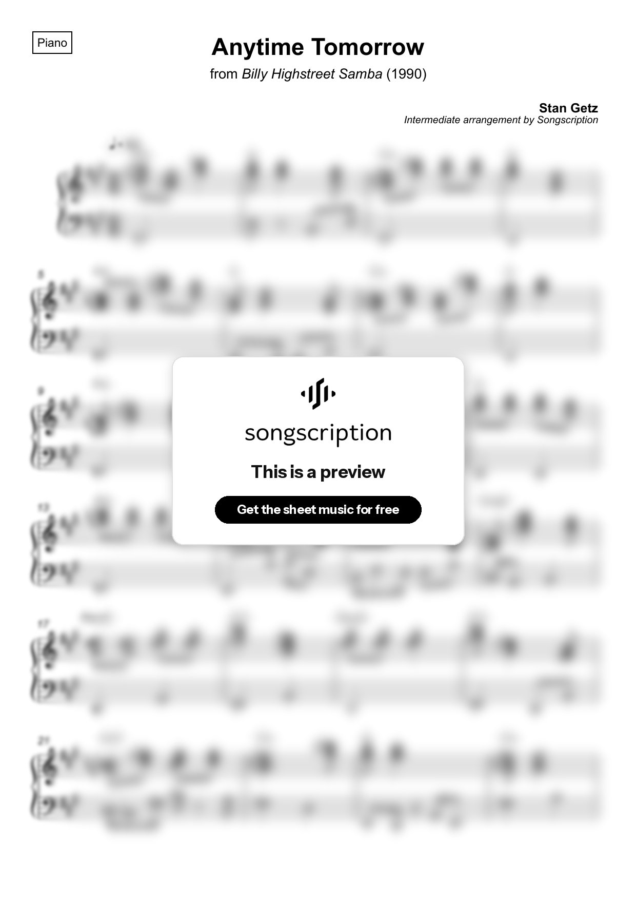 Intermediate Piano Sheet Music for "Anytime Tomorrow" by Stan Getz