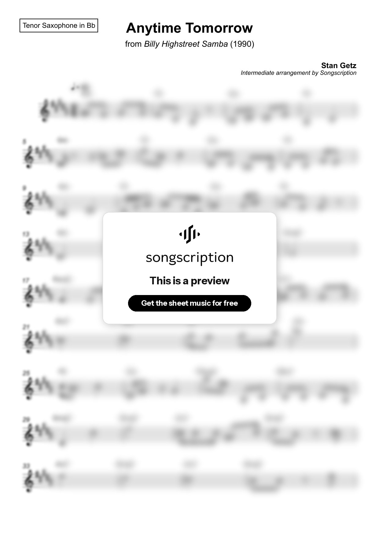 Intermediate Tenor Sax Sheet Music for "Anytime Tomorrow" by Stan Getz