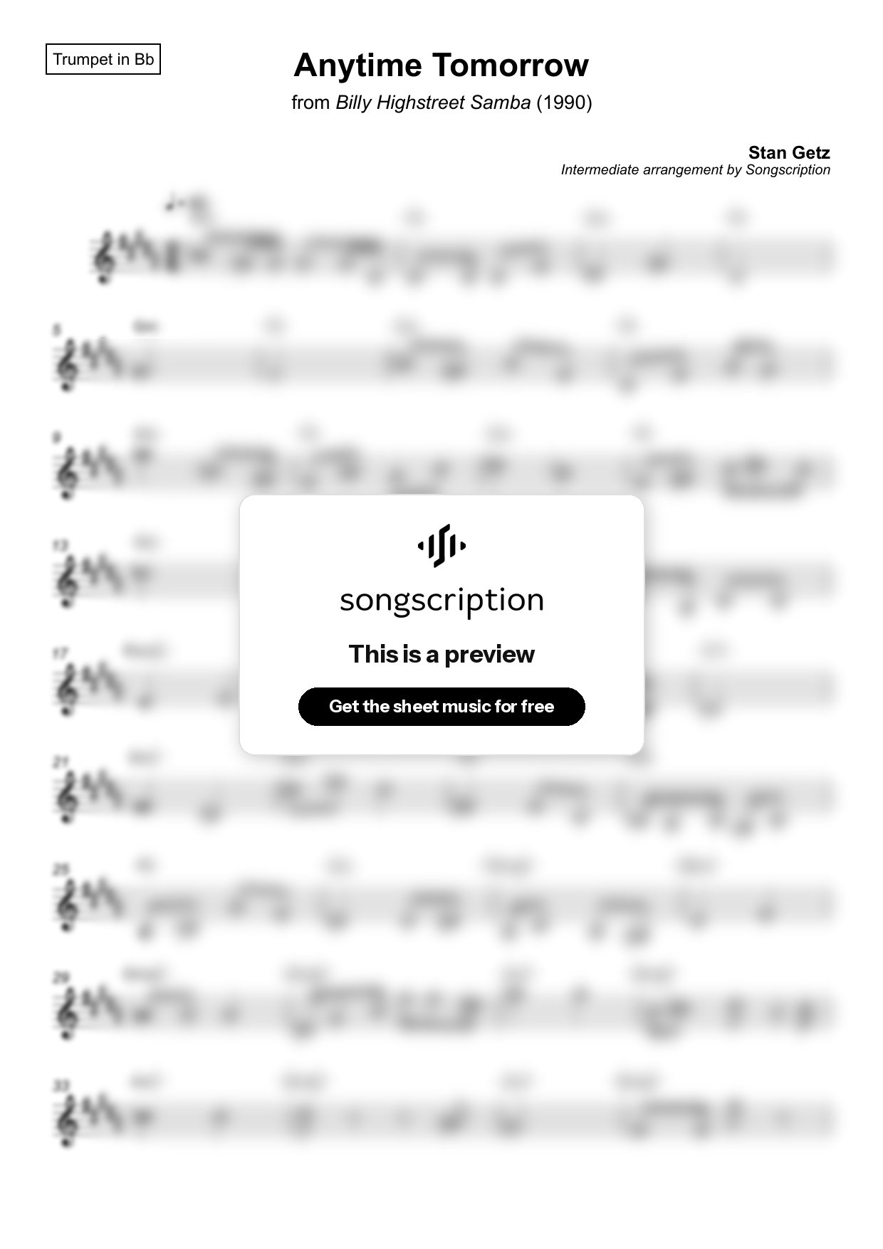 Intermediate Trumpet Sheet Music for "Anytime Tomorrow" by Stan Getz