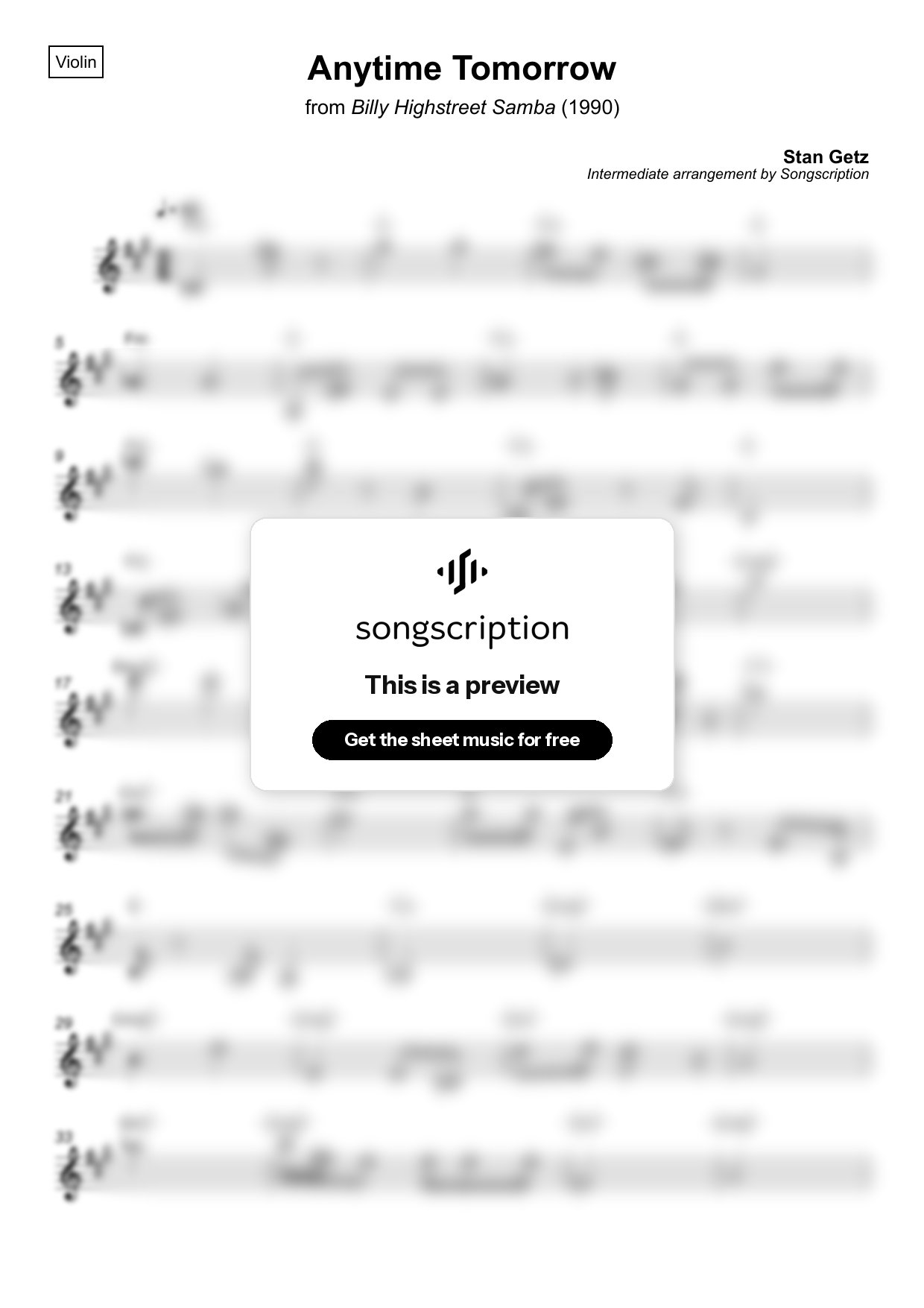 Intermediate Violin Sheet Music for "Anytime Tomorrow" by Stan Getz