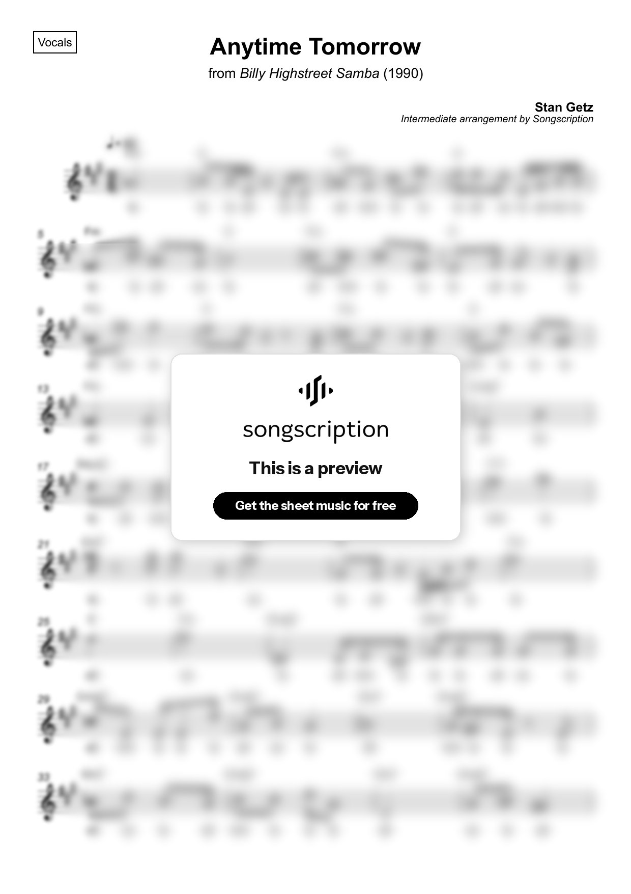 Intermediate Vocals Sheet Music for "Anytime Tomorrow" by Stan Getz