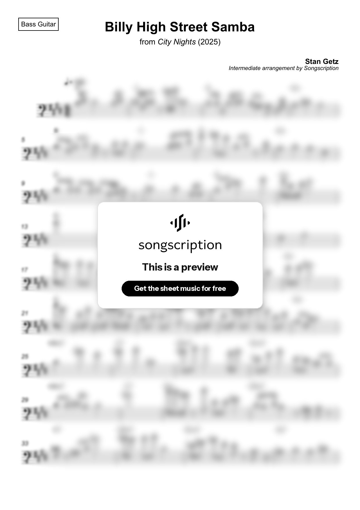 Intermediate Bass Guitar Sheet Music for "Billy High Street Samba" by Stan Getz