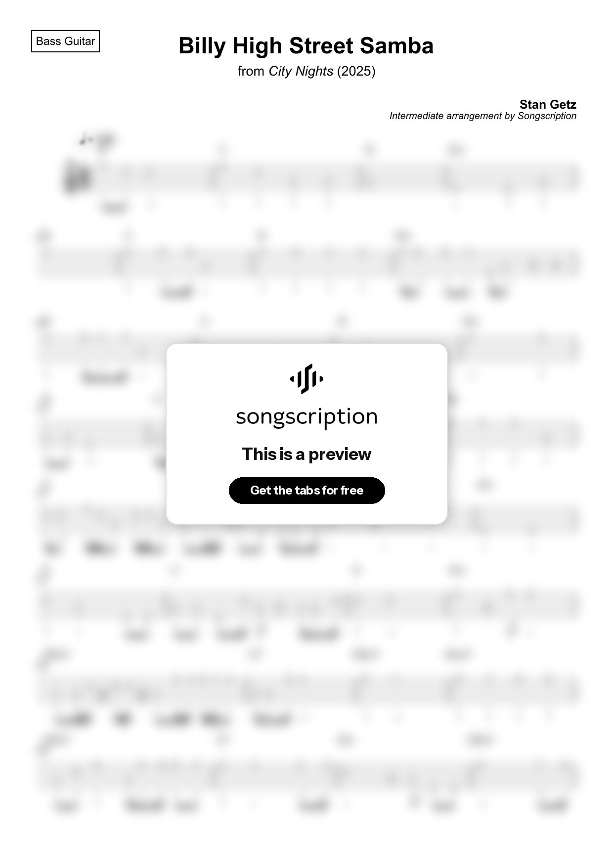 Intermediate Bass Guitar Tabs for "Billy High Street Samba" by Stan Getz