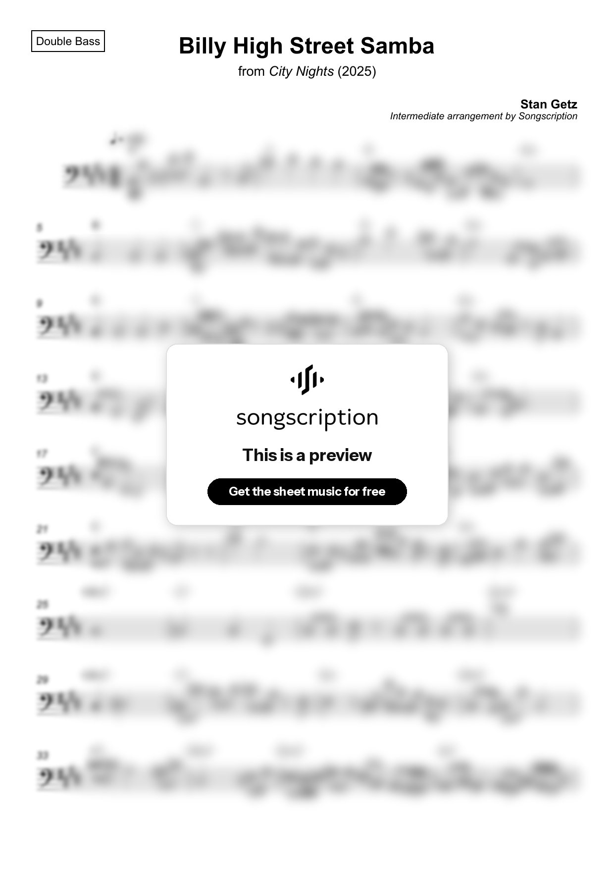 Intermediate Double Bass Sheet Music for "Billy High Street Samba" by Stan Getz