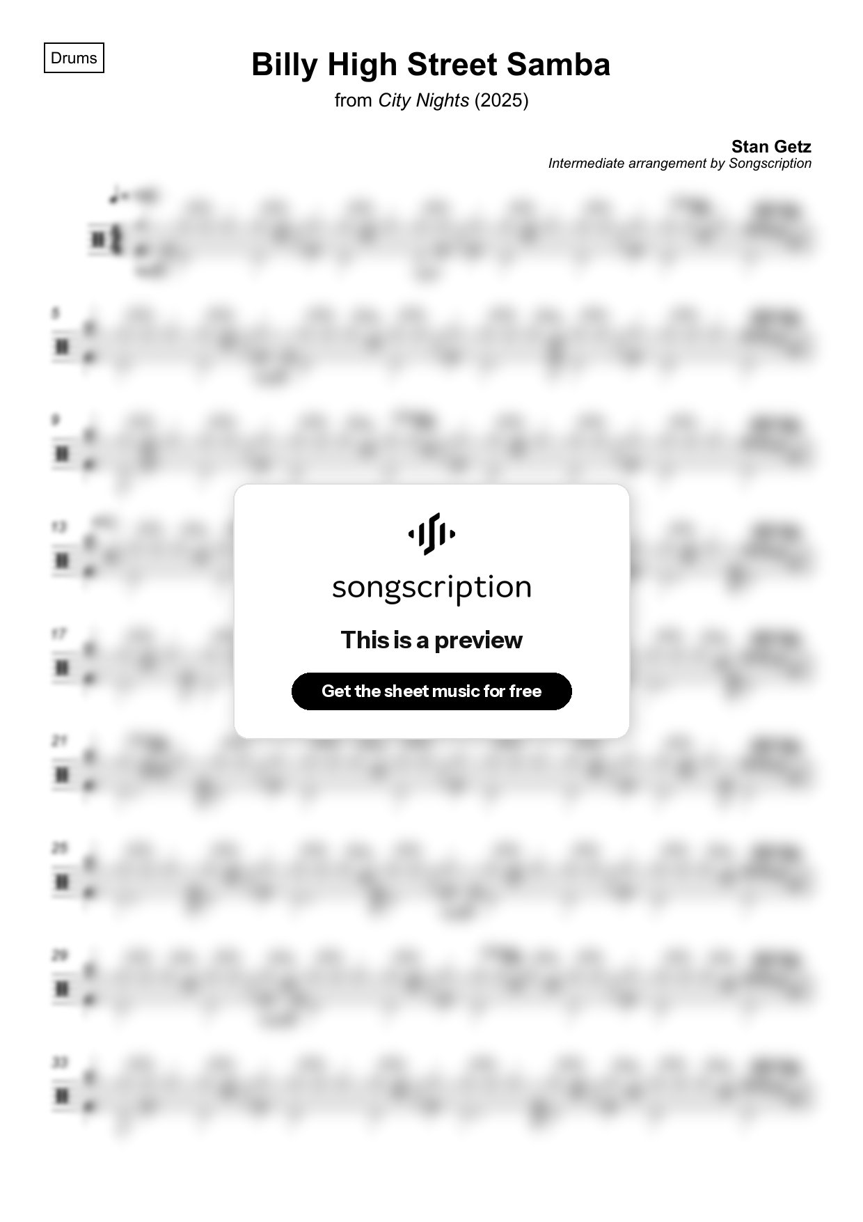 Intermediate Drums Sheet Music for "Billy High Street Samba" by Stan Getz