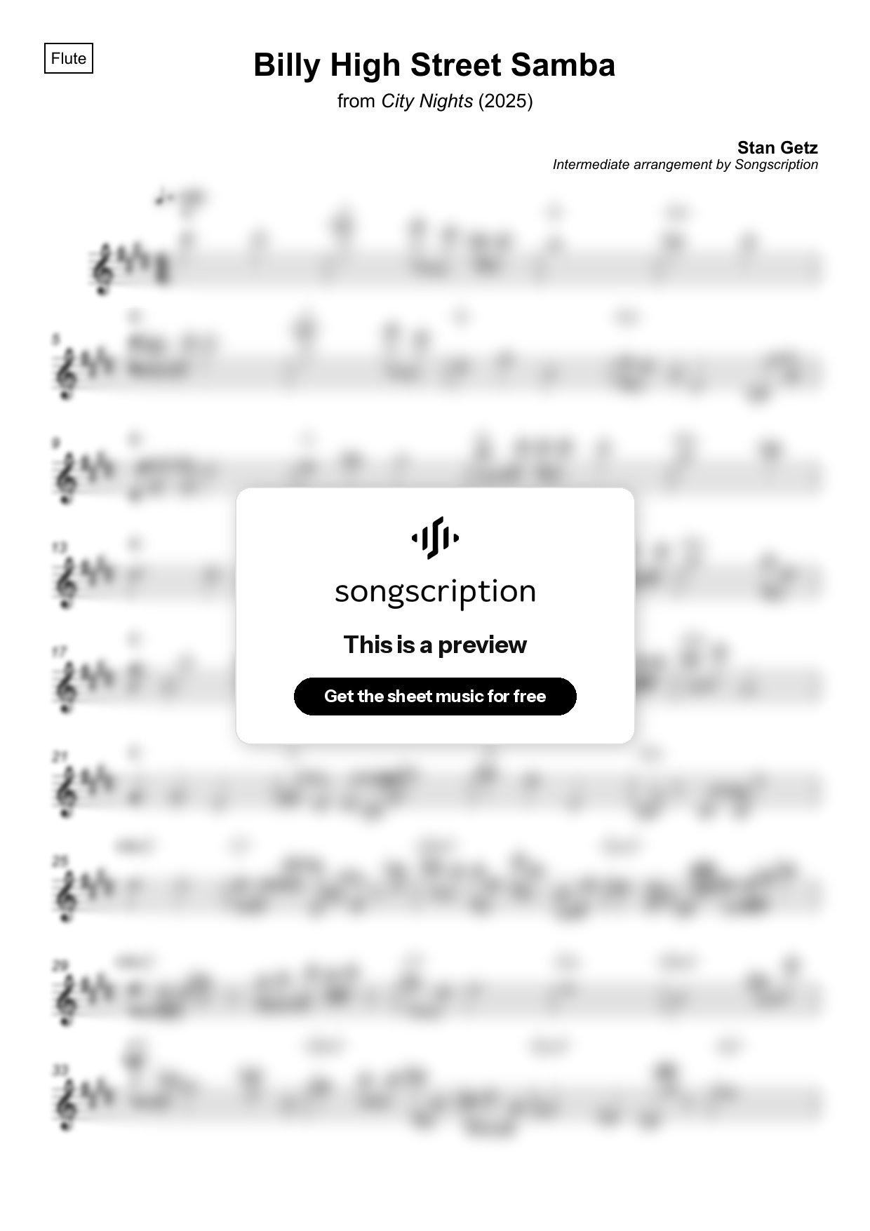 Intermediate Flute Sheet Music for "Billy High Street Samba" by Stan Getz