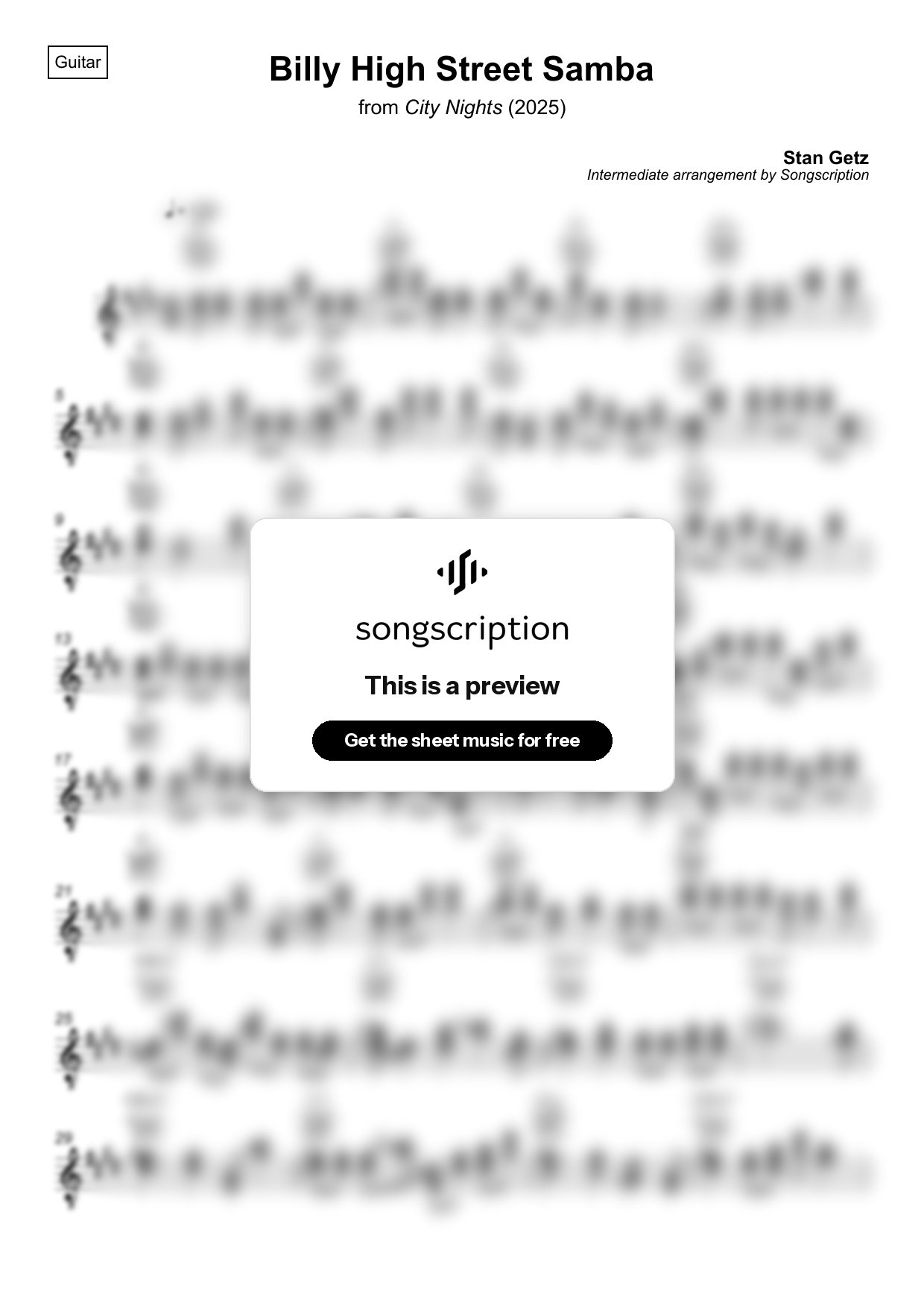 Intermediate Acoustic Guitar Sheet Music for "Billy High Street Samba" by Stan Getz