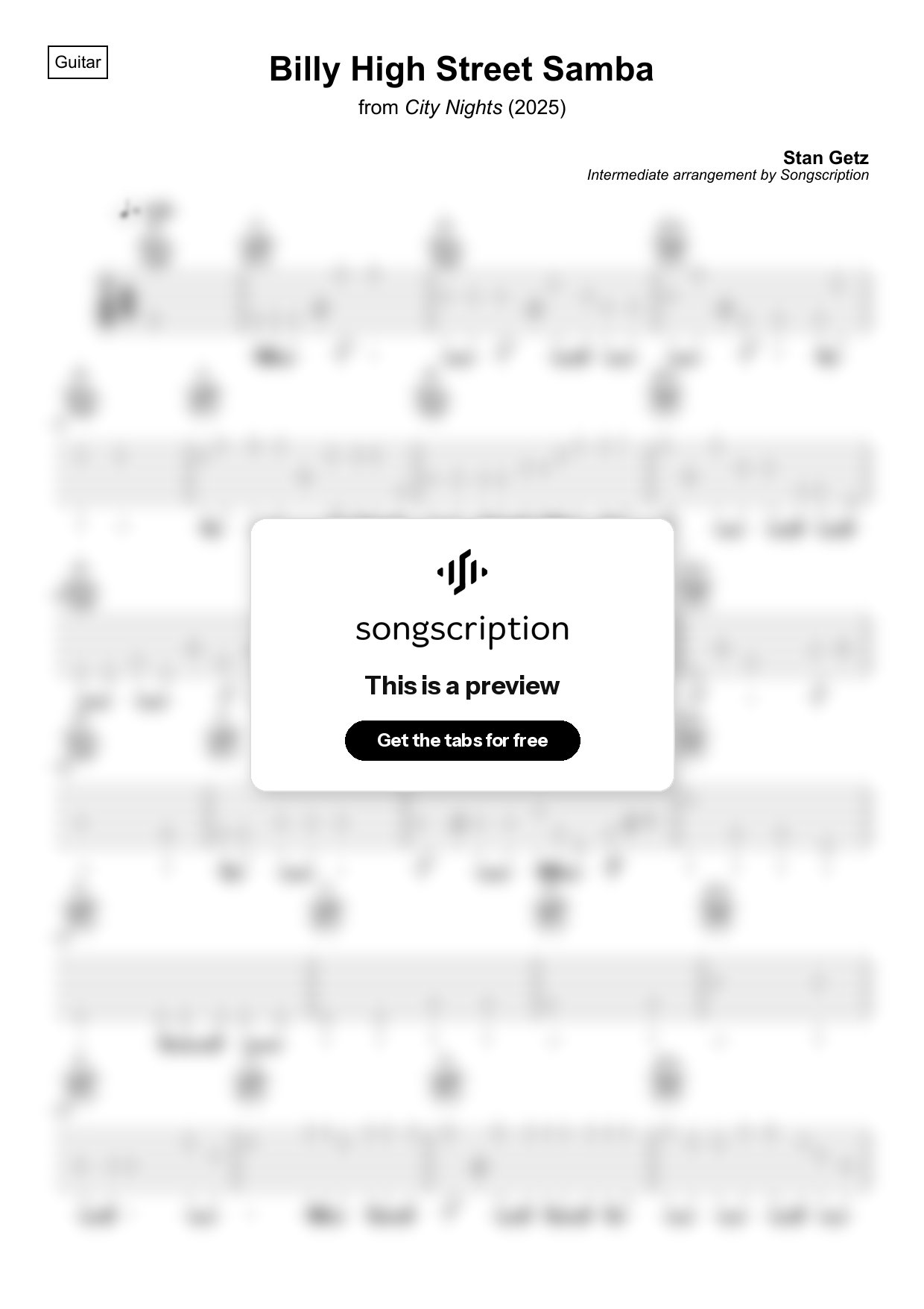 Intermediate Acoustic Guitar Tabs for "Billy High Street Samba" by Stan Getz