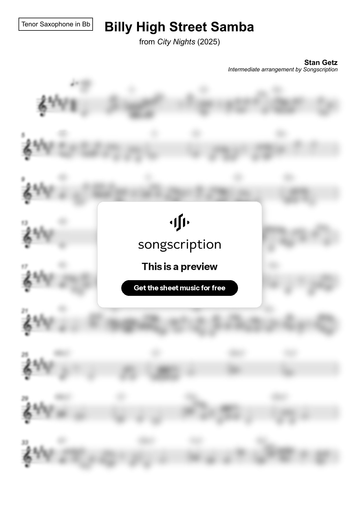 Intermediate Tenor Sax Sheet Music for "Billy High Street Samba" by Stan Getz