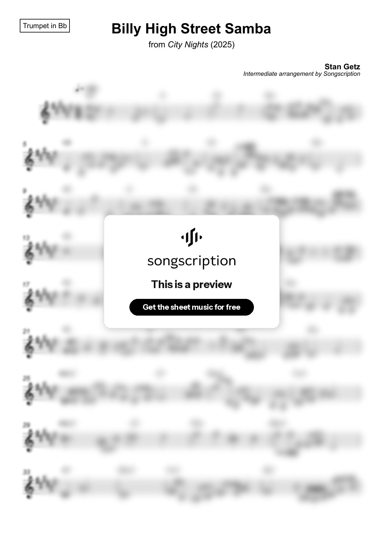 Intermediate Trumpet Sheet Music for "Billy High Street Samba" by Stan Getz