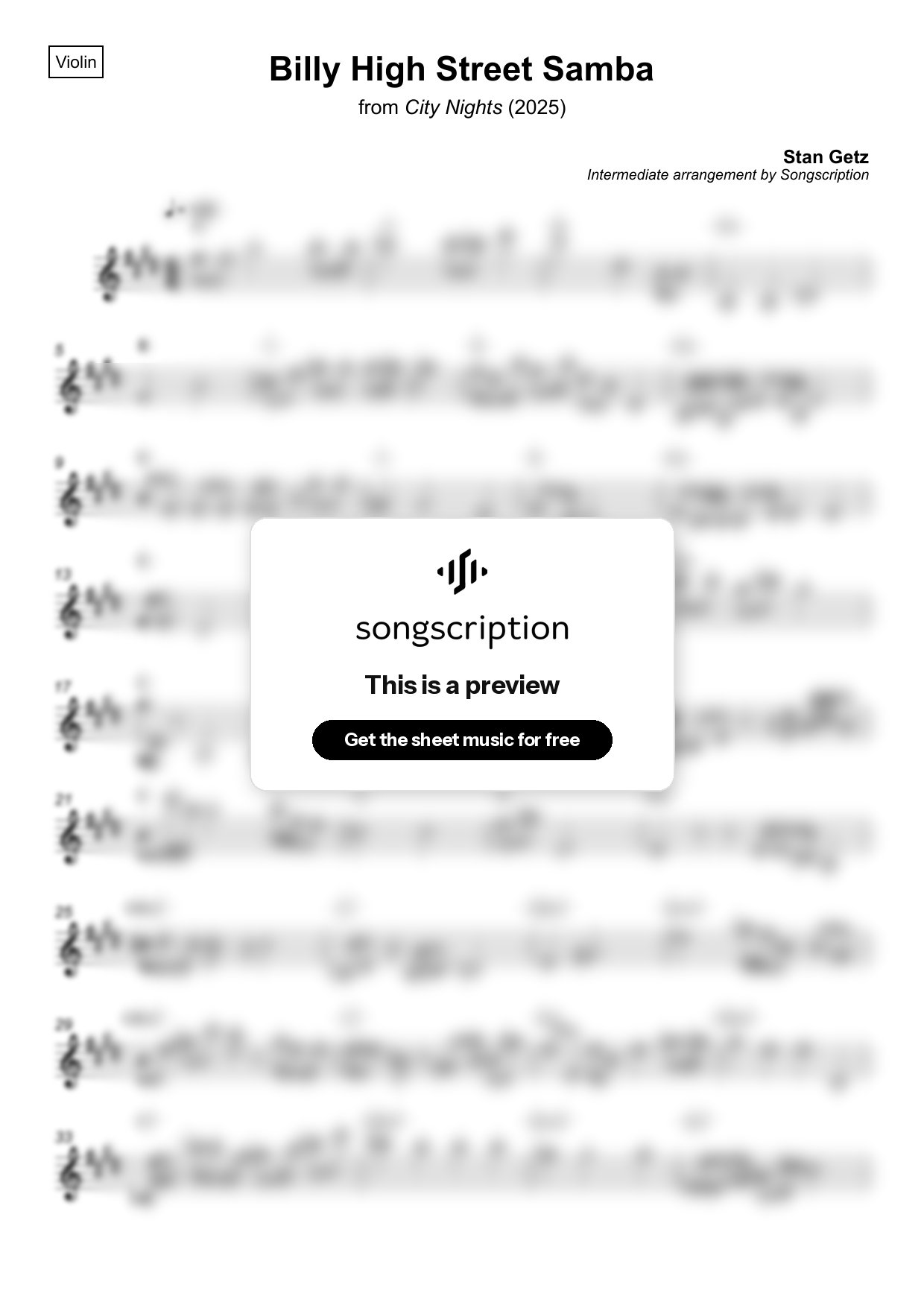 Intermediate Violin Sheet Music for "Billy High Street Samba" by Stan Getz