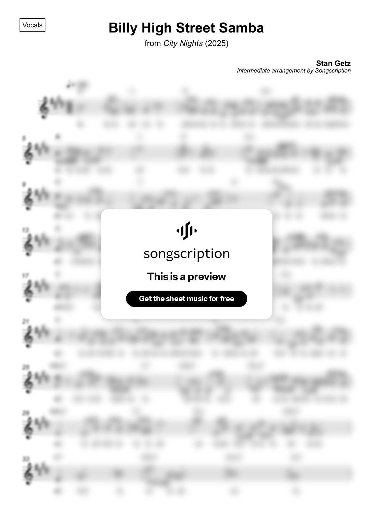 Intermediate Vocals Sheet Music for "Billy High Street Samba" by Stan Getz