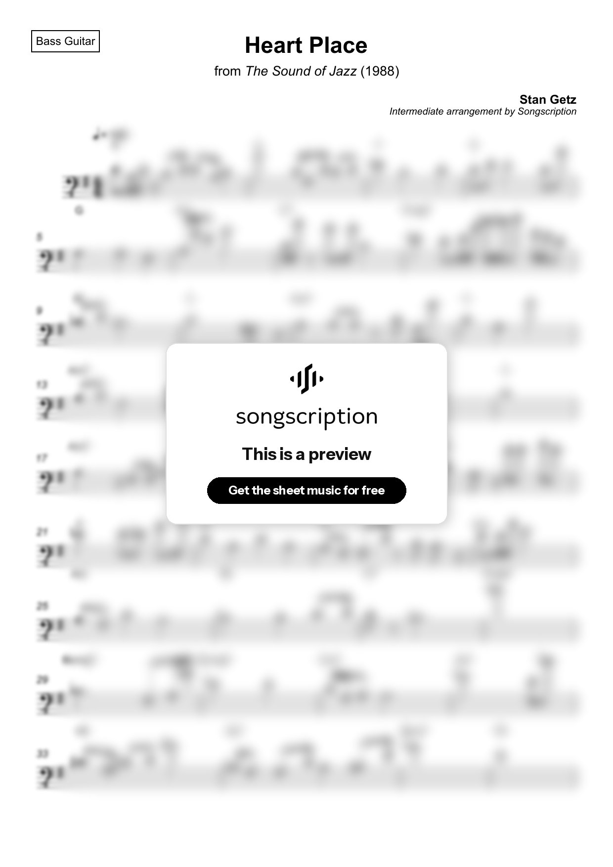 Intermediate Bass Guitar Sheet Music for "Heart Place" by Stan Getz
