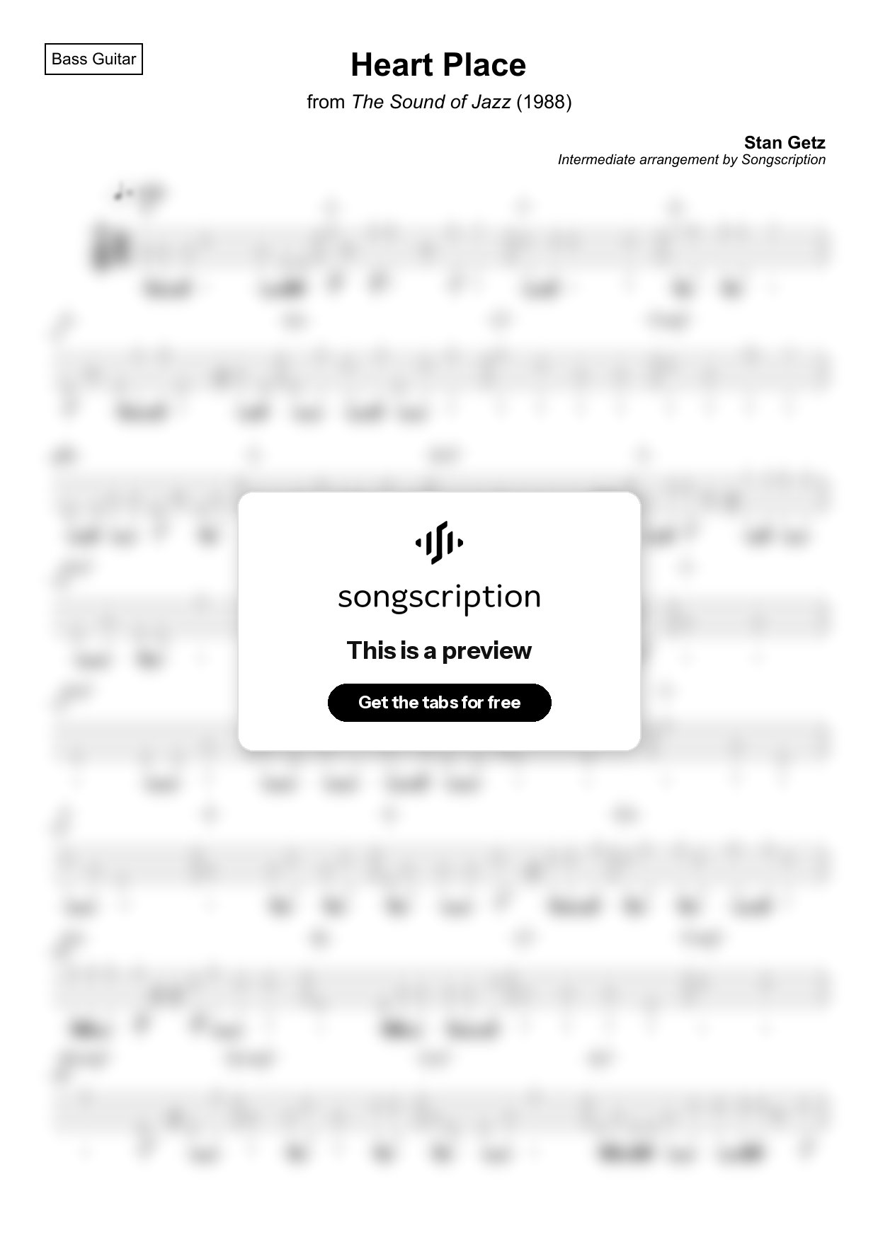 Intermediate Bass Guitar Tabs for "Heart Place" by Stan Getz