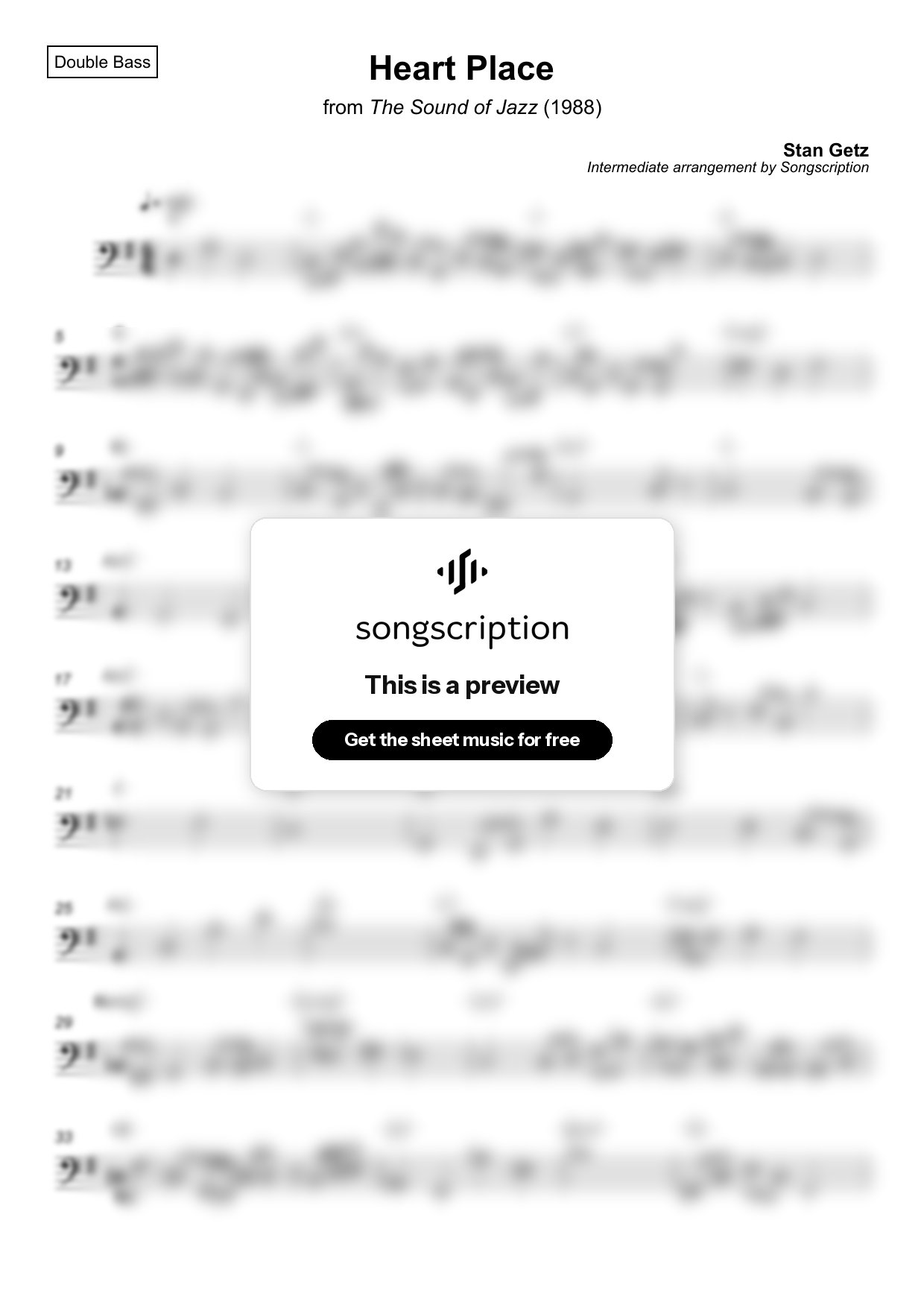 Intermediate Double Bass Sheet Music for "Heart Place" by Stan Getz