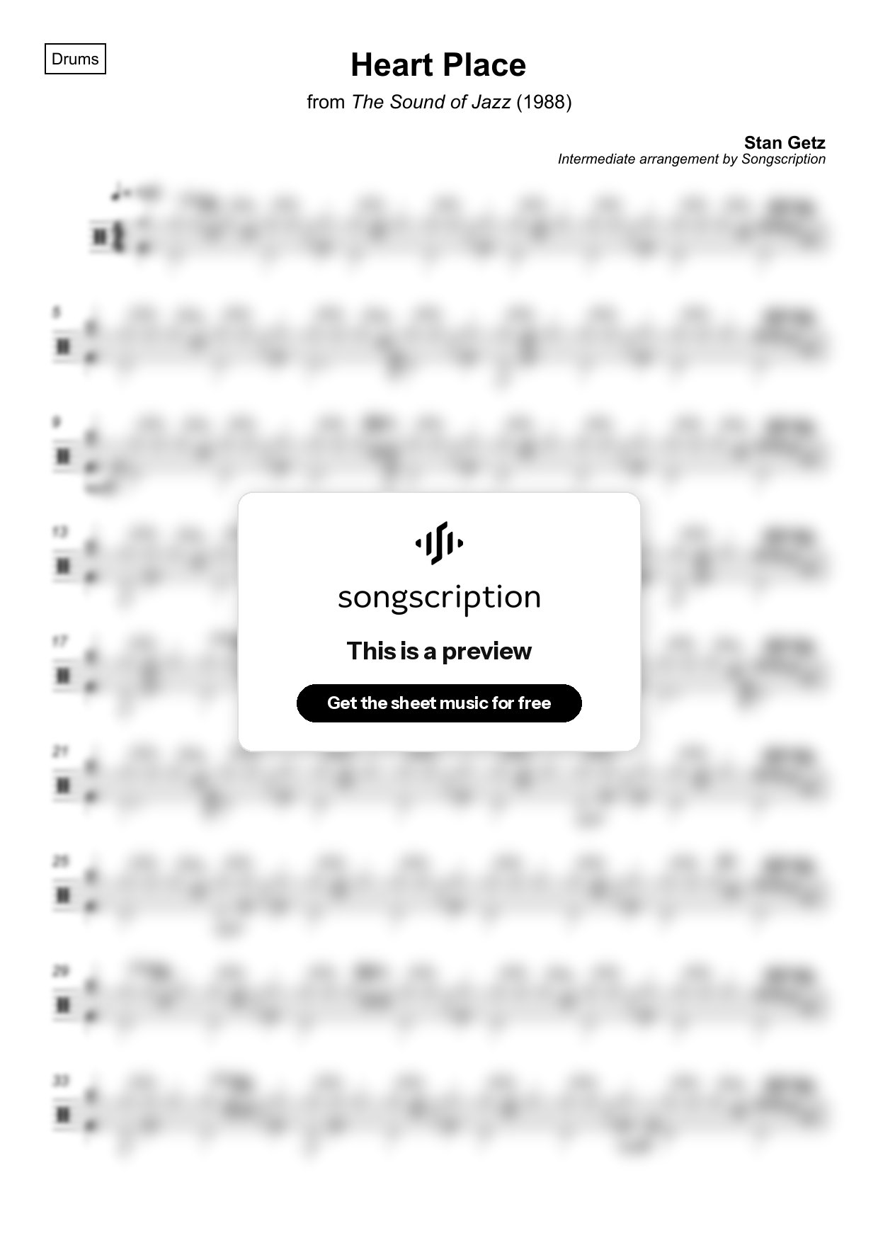 Intermediate Drums Sheet Music for "Heart Place" by Stan Getz