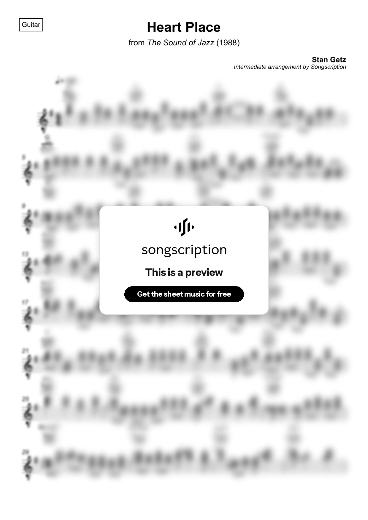 Intermediate Acoustic Guitar Sheet Music for "Heart Place" by Stan Getz