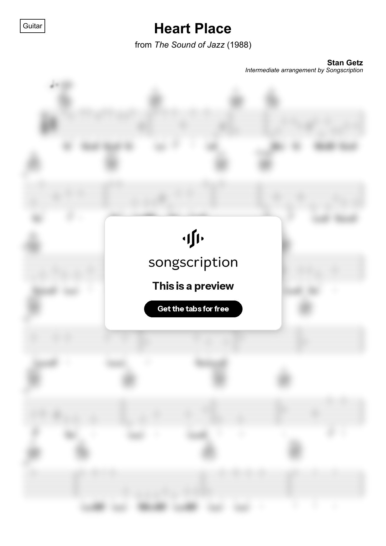 Intermediate Acoustic Guitar Tabs for "Heart Place" by Stan Getz