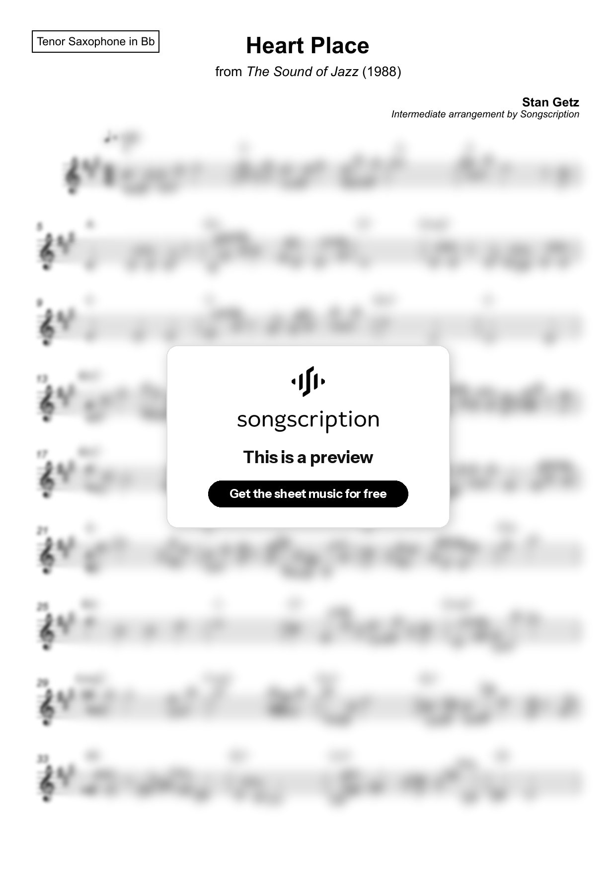 Intermediate Tenor Sax Sheet Music for "Heart Place" by Stan Getz