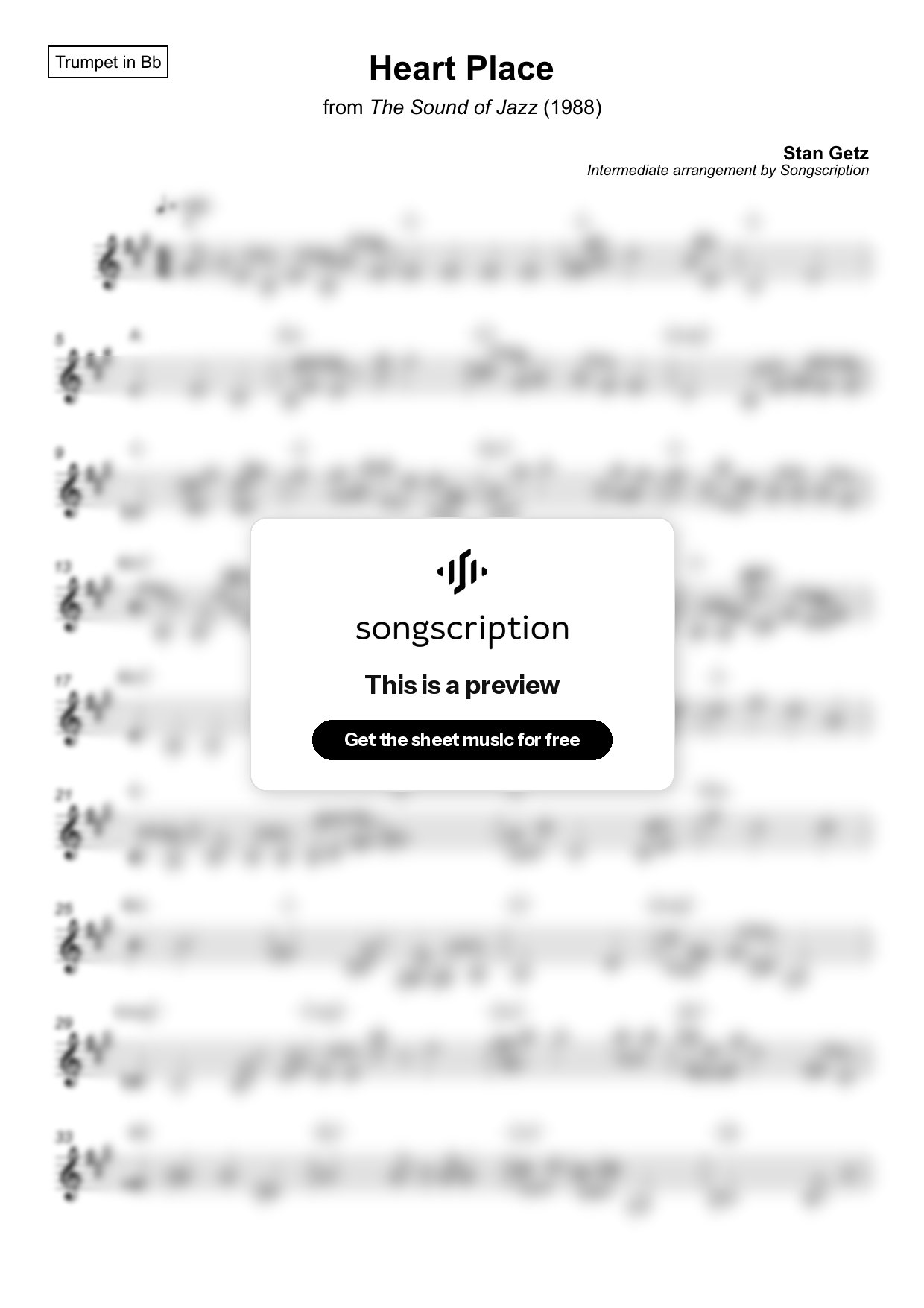 Intermediate Trumpet Sheet Music for "Heart Place" by Stan Getz