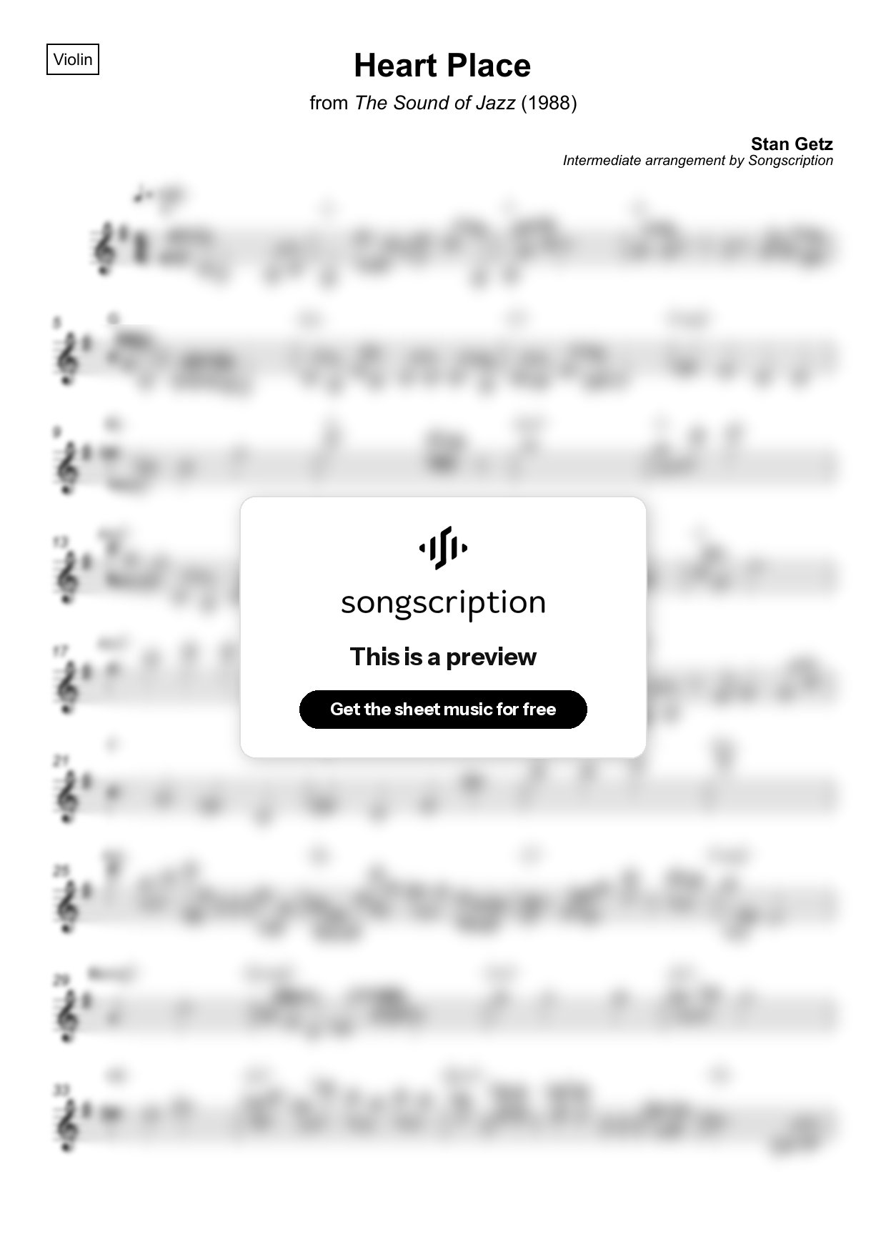 Intermediate Violin Sheet Music for "Heart Place" by Stan Getz
