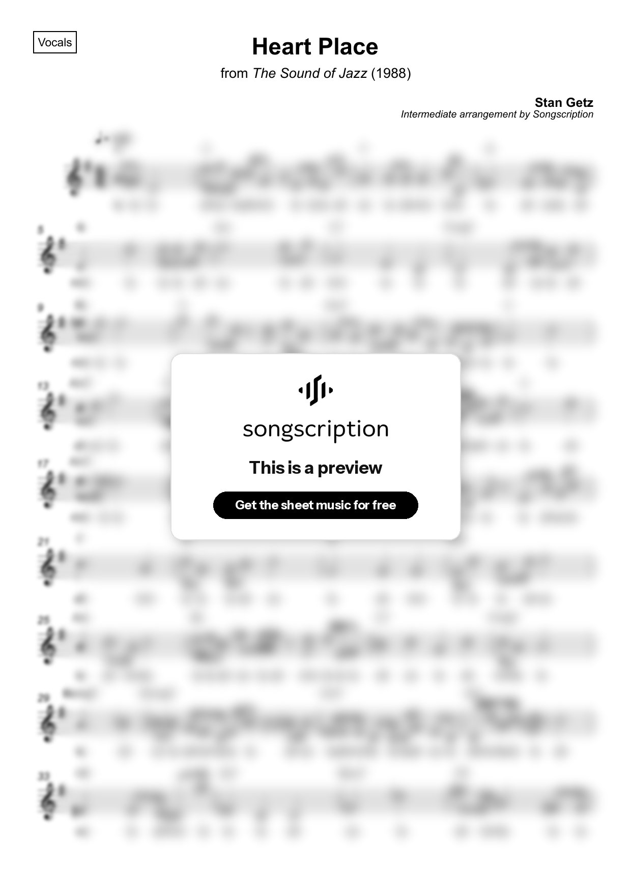 Intermediate Vocals Sheet Music for "Heart Place" by Stan Getz