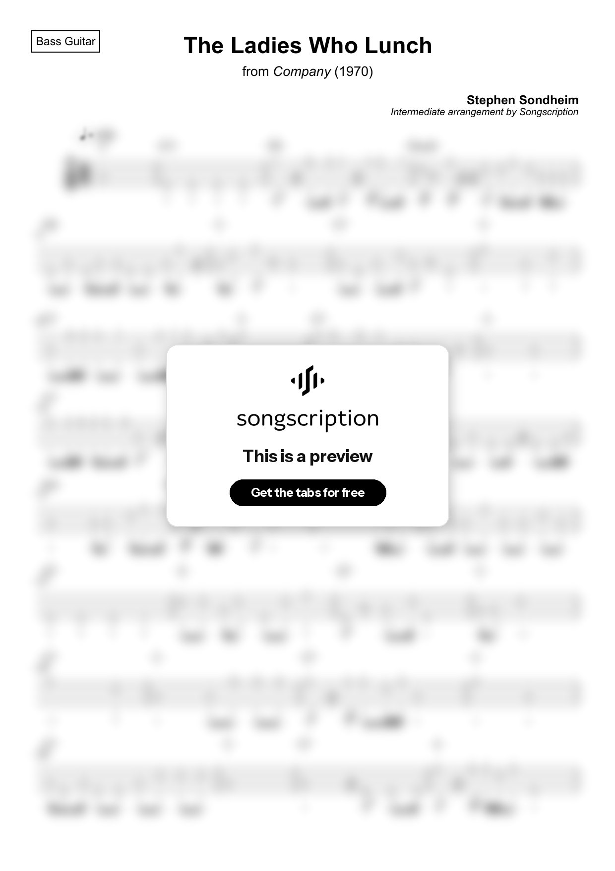 Intermediate Bass Guitar Tabs for "The Ladies Who Lunch" by Stephen Sondheim
