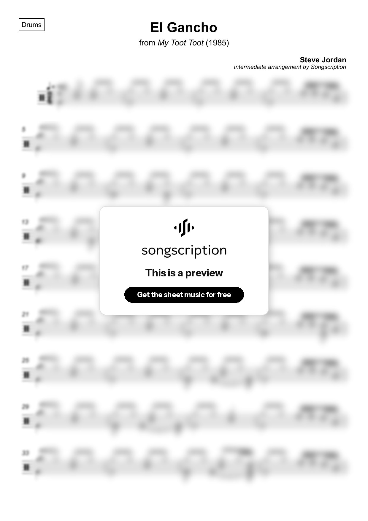 Intermediate Drums Sheet Music for "El Gancho" by Steve Jordan