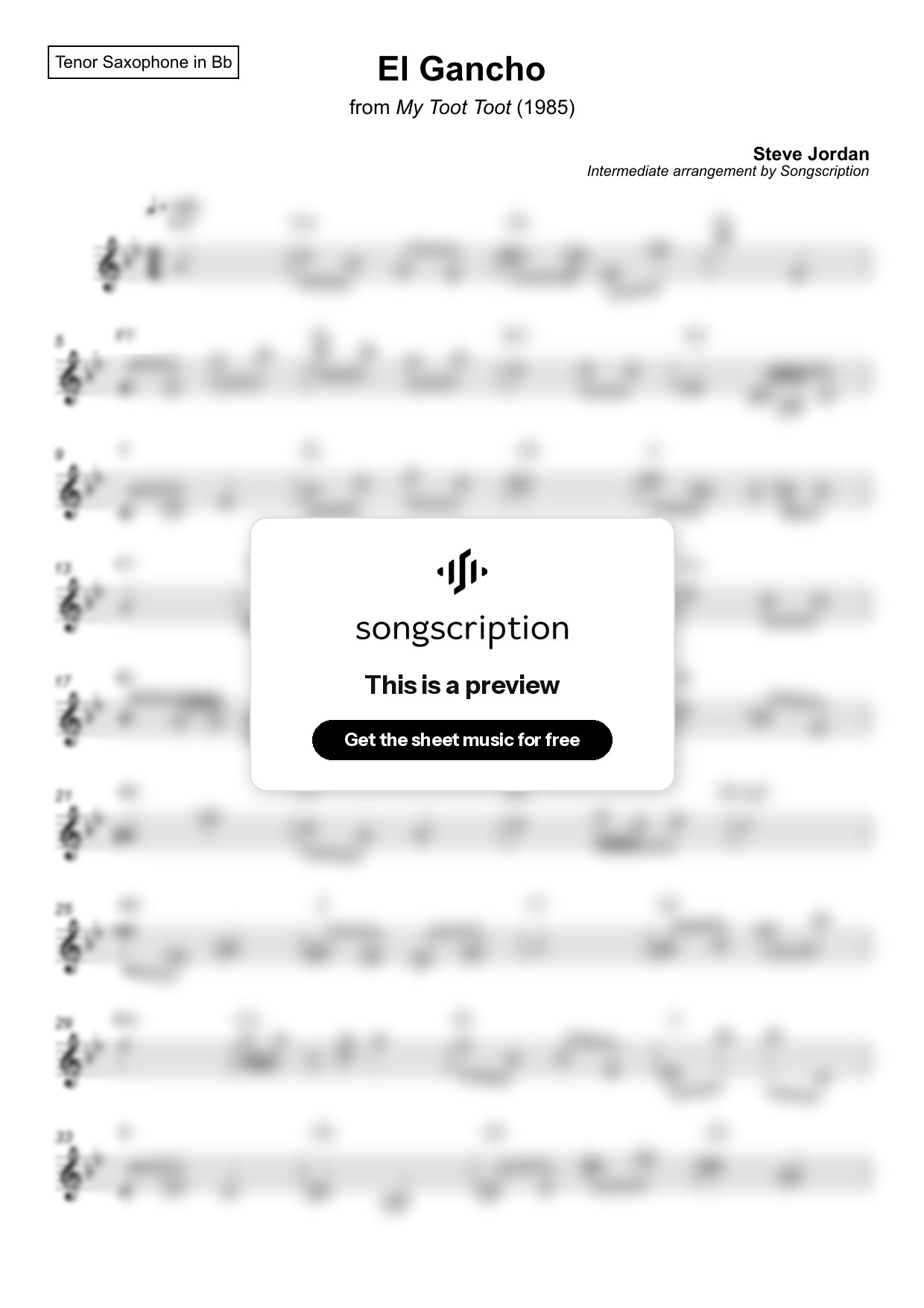 Intermediate Tenor Sax Sheet Music for "El Gancho" by Steve Jordan
