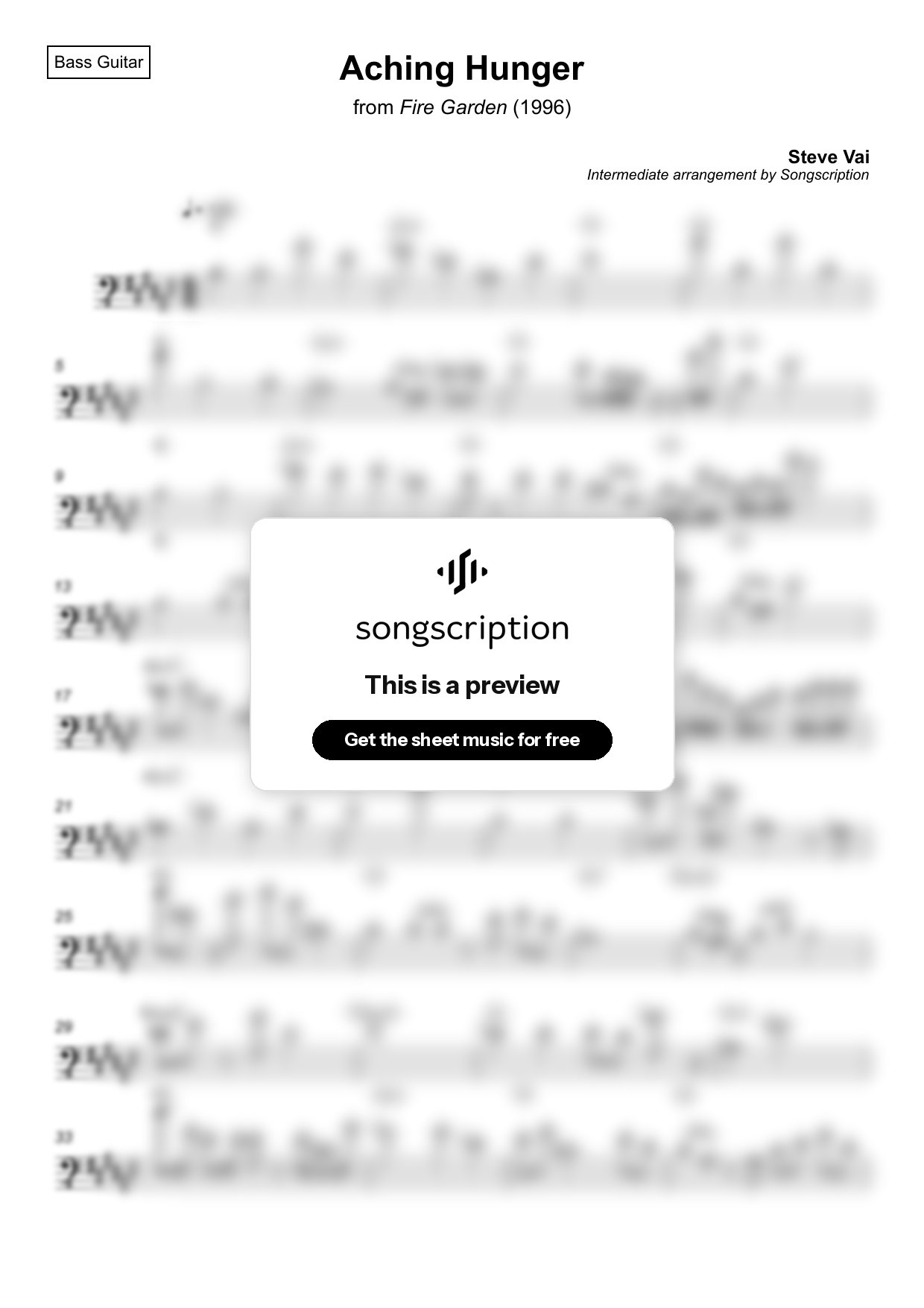 Intermediate Bass Guitar Sheet Music for "Aching Hunger" by Steve Vai