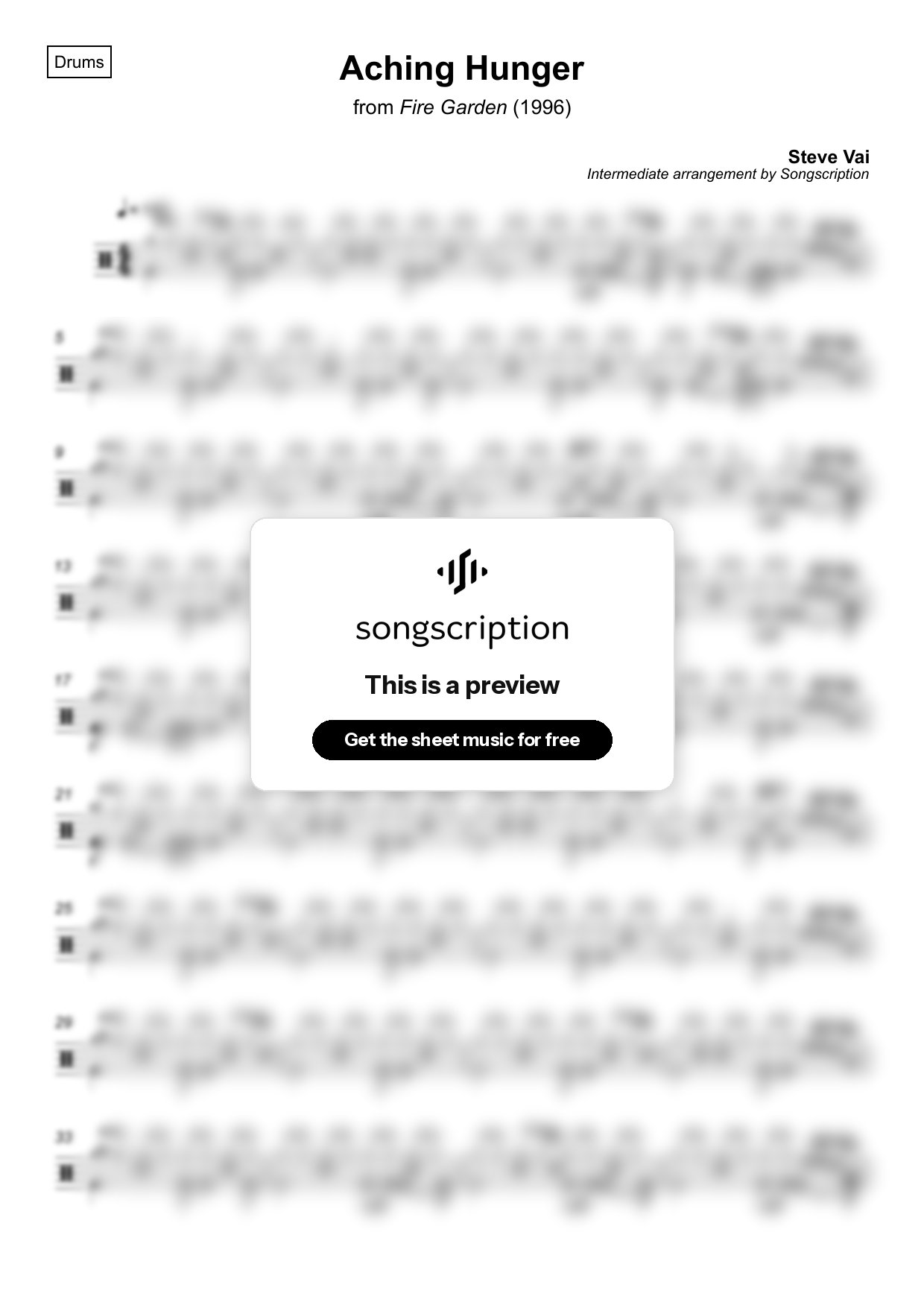 Intermediate Drums Sheet Music for "Aching Hunger" by Steve Vai