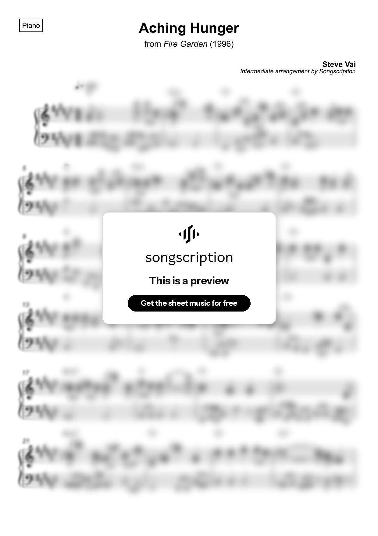 Intermediate Piano Sheet Music for "Aching Hunger" by Steve Vai