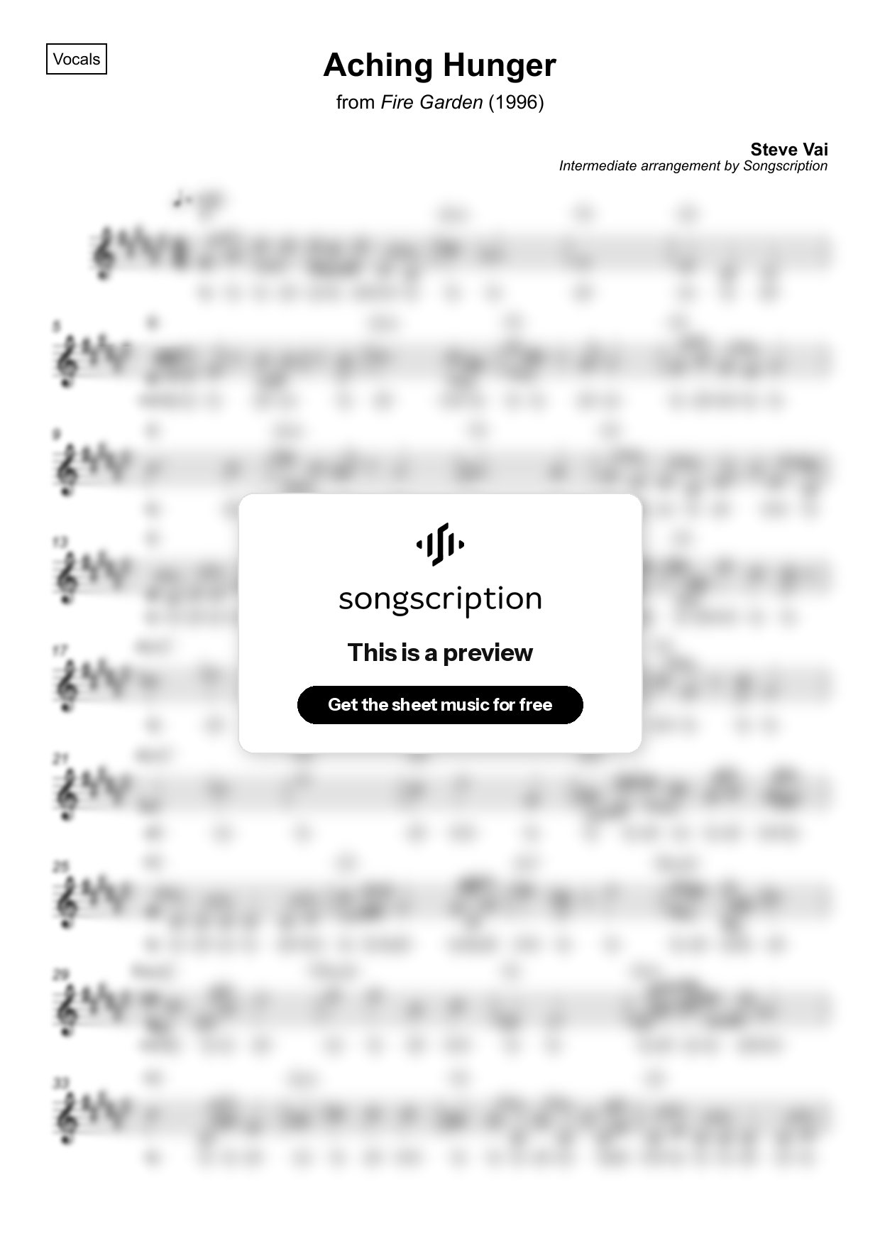 Intermediate Vocals Sheet Music for "Aching Hunger" by Steve Vai