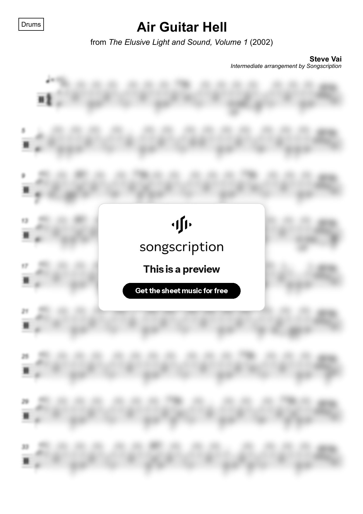 Intermediate Drums Sheet Music for "Air Guitar Hell" by Steve Vai