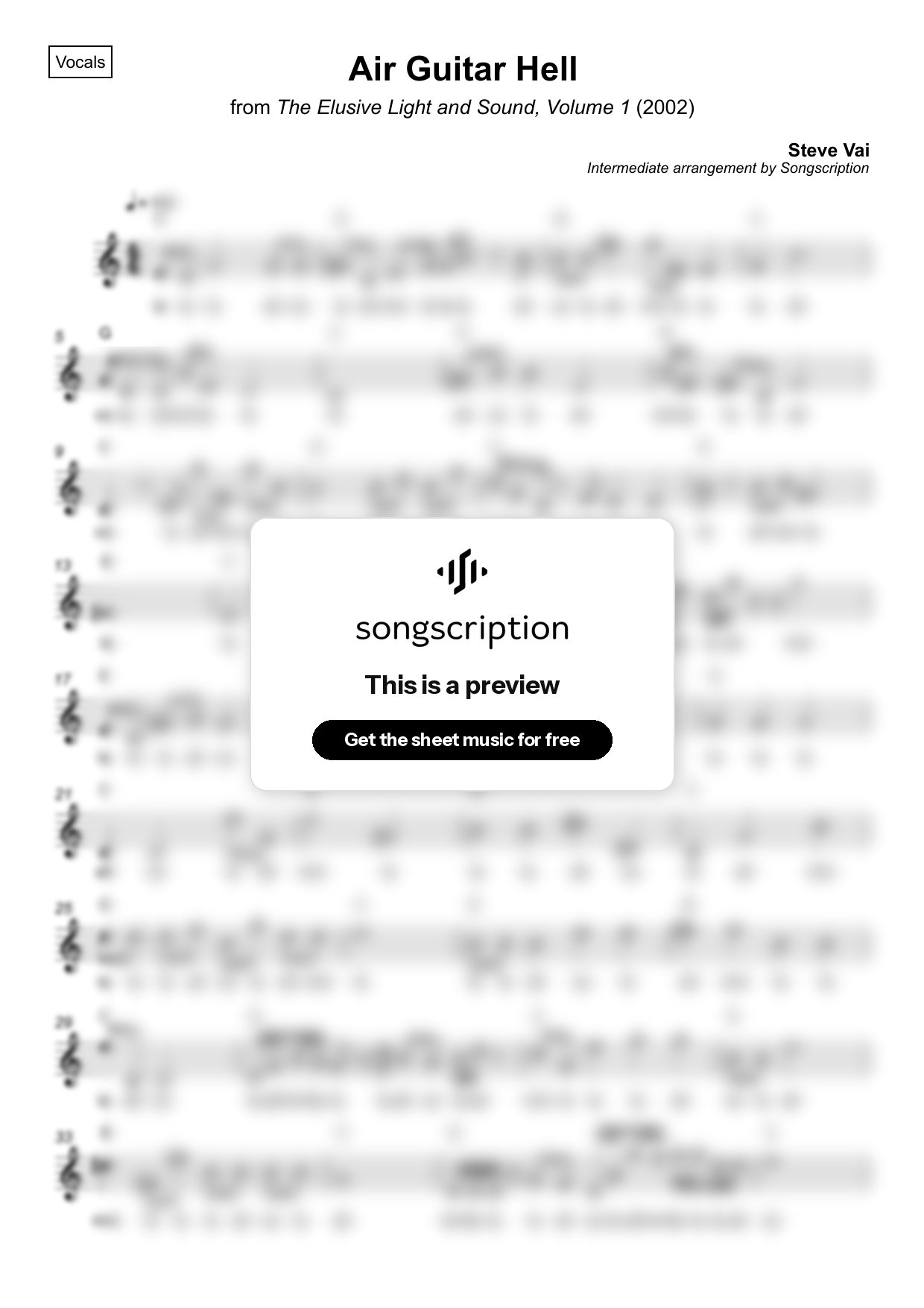 Intermediate Vocals Sheet Music for "Air Guitar Hell" by Steve Vai