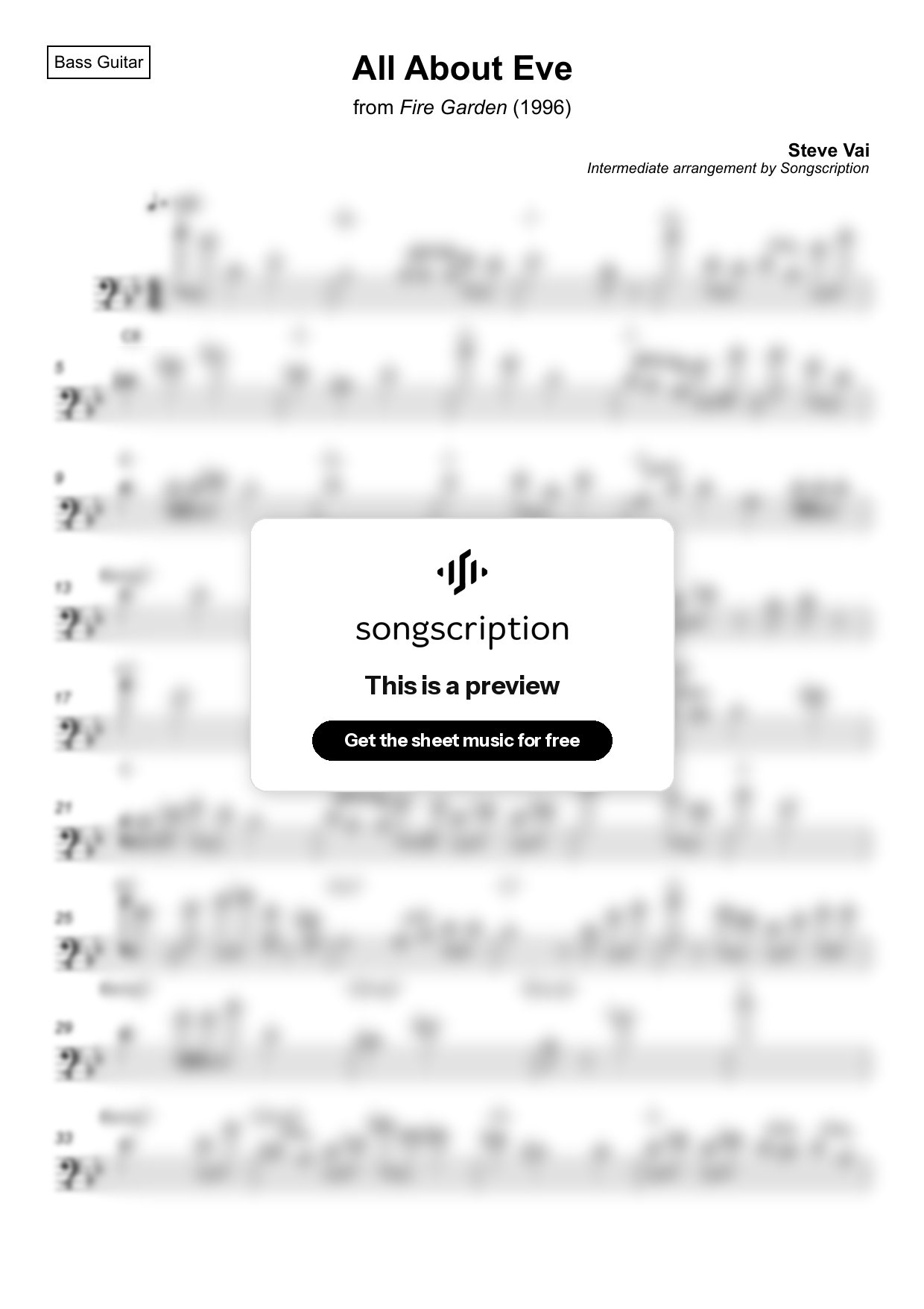 Intermediate Bass Guitar Sheet Music for "All About Eve" by Steve Vai