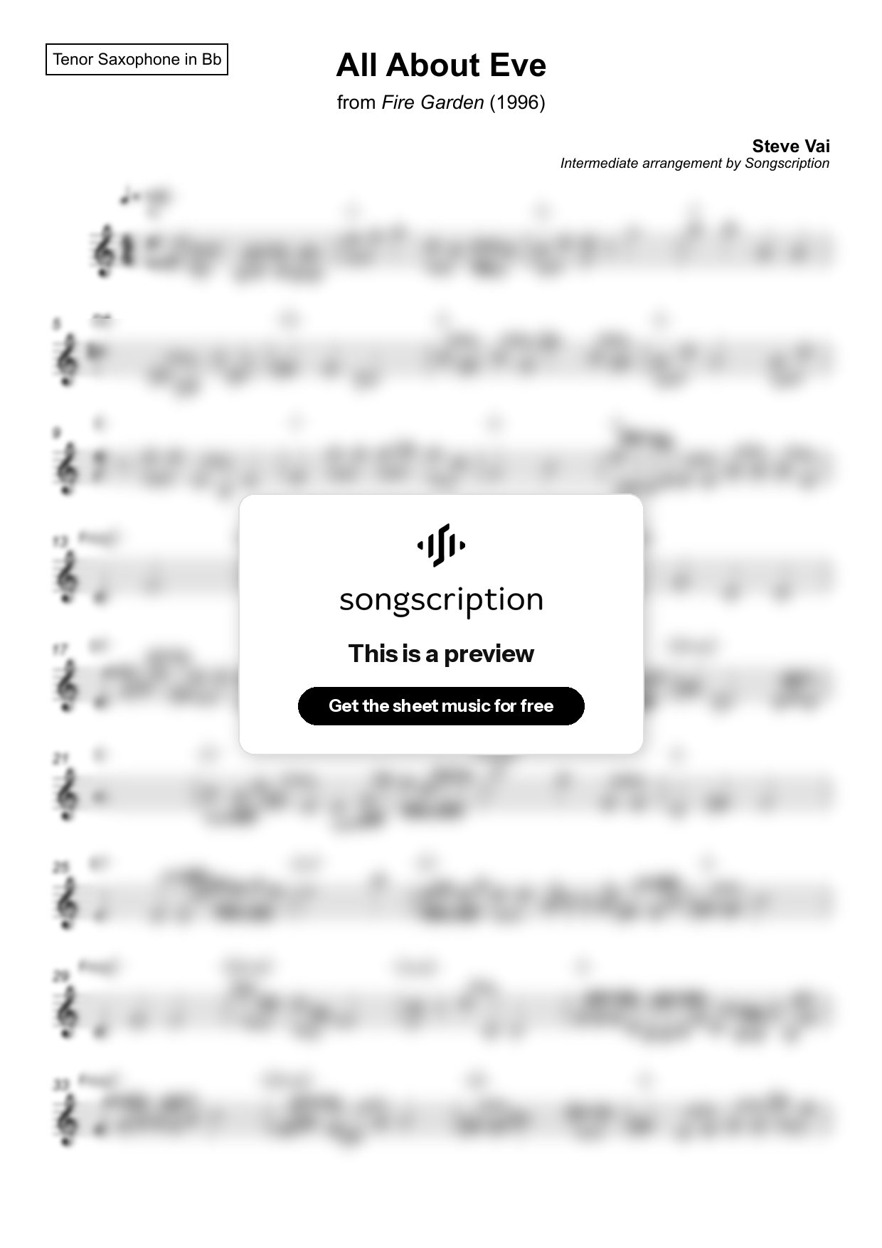 Intermediate Tenor Sax Sheet Music for "All About Eve" by Steve Vai