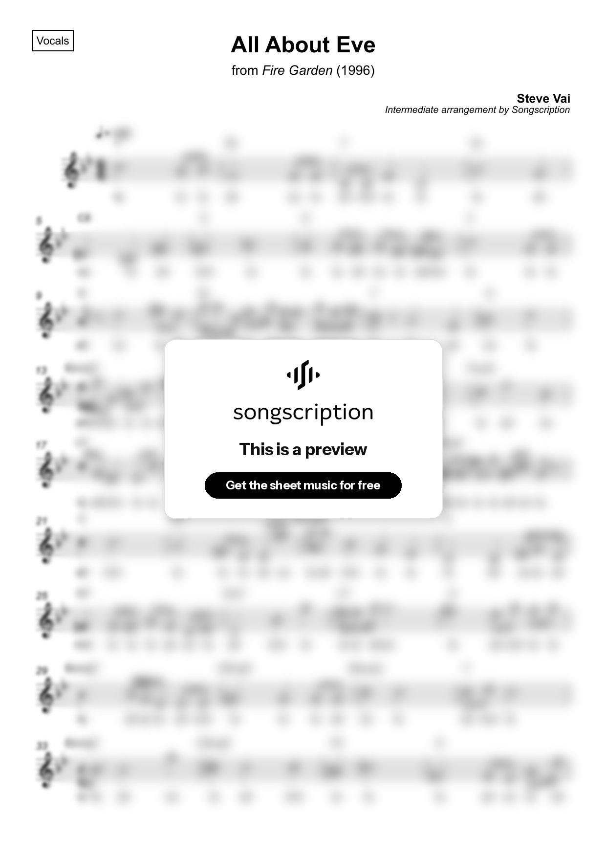 Intermediate Vocals Sheet Music for "All About Eve" by Steve Vai