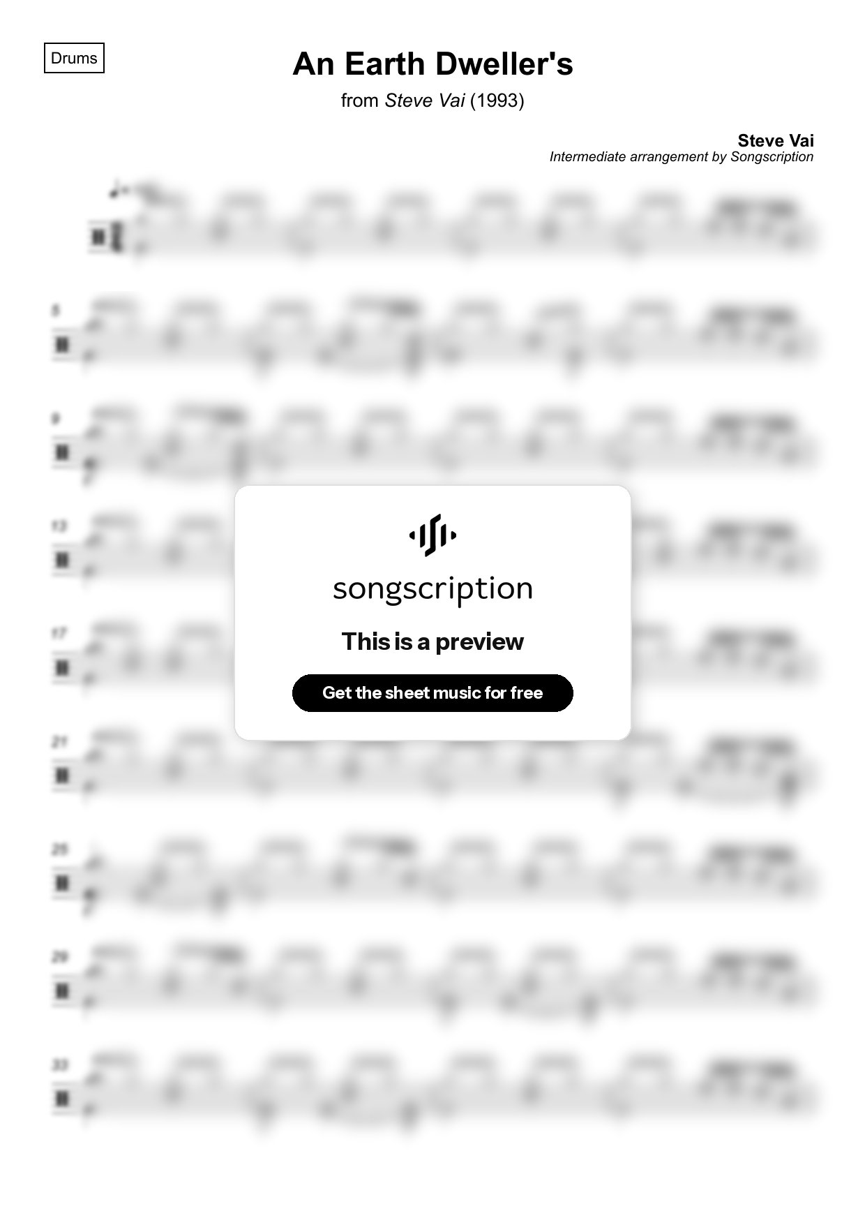 Intermediate Drums Sheet Music for "An Earth Dweller's" by Steve Vai